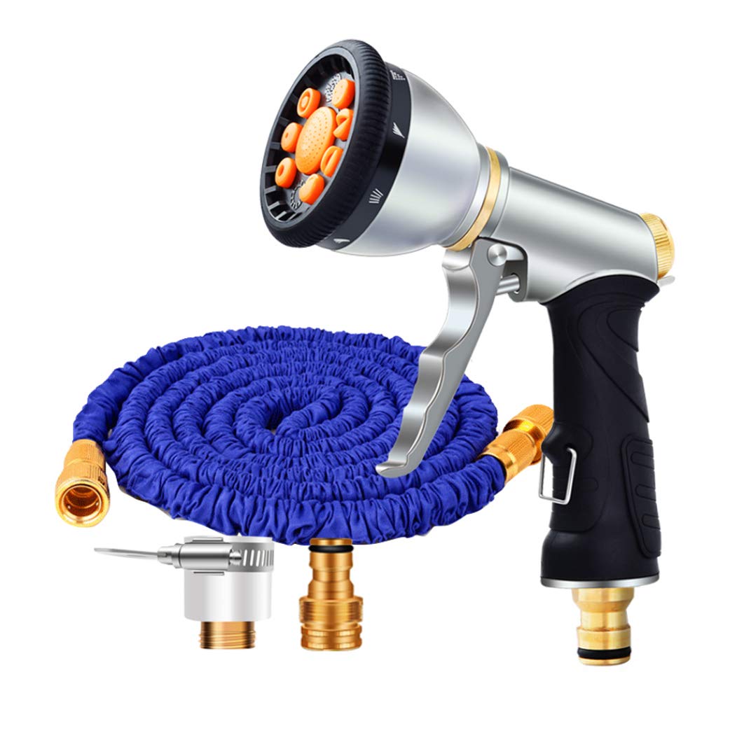DPPAN 100FT Expandable Garden Hose with 9 Spray Nozzle - Flexible & Lightweight Water Hose for Gardening, Washing Cars, Cleaning Patio - 1/2inch & 3/4inch Solid Brass Fittings (Blue, 30M)