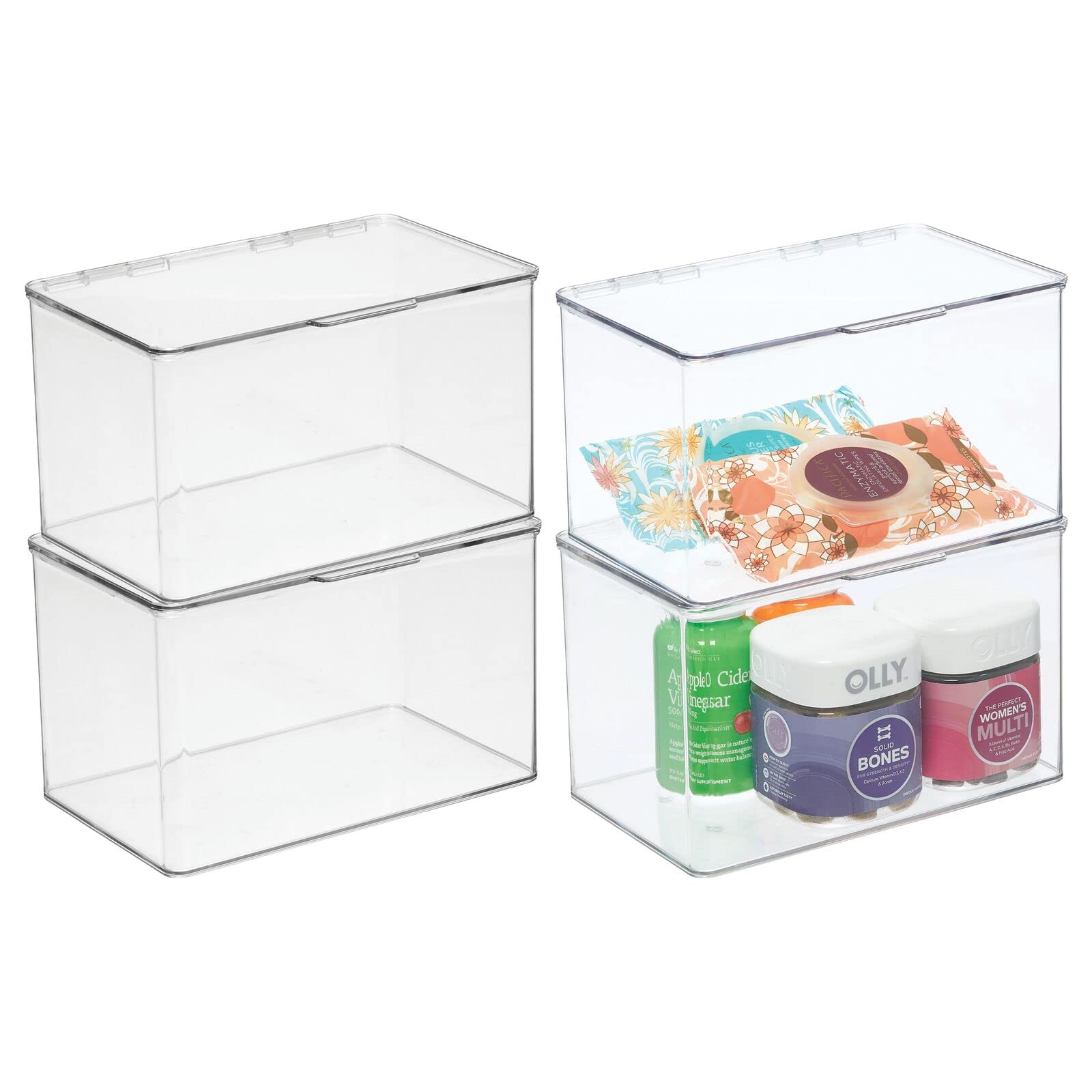 mDesign Clear Plastic Bathroom Storage Box with Hinged Lid - Stackable Organizer for Soap, Shampoo, Lotion, Towels & Hair Accessories - 4 Pack - Perfect for Shower, Vanity & Closet Organization (Lumiere Collection)