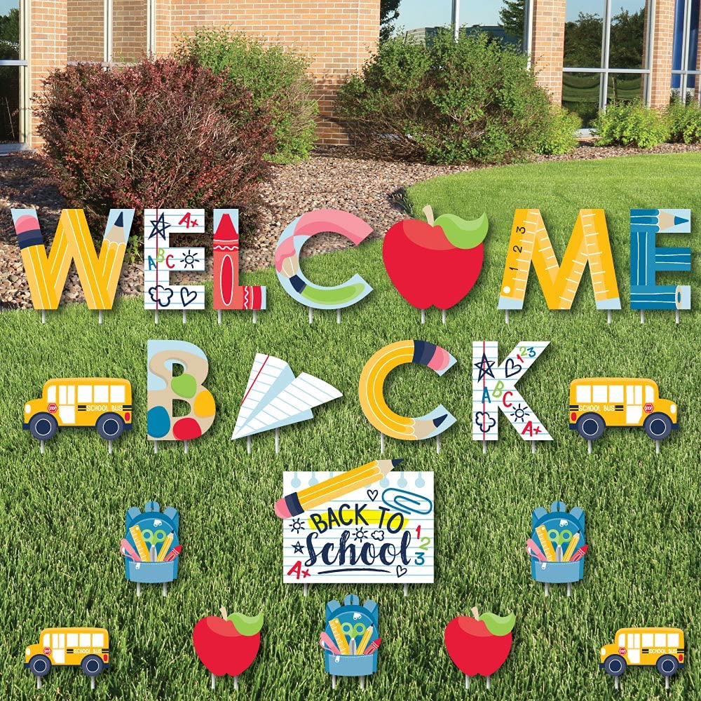 Big Dot of Happiness Back to School Yard Signs - Set of 8 First Day of School & Welcome Back Lawn Decorations for Outdoor Classroom & Virtual Learning Celebrations - Perfect for School Events, Home Decor & Teacher Gifts