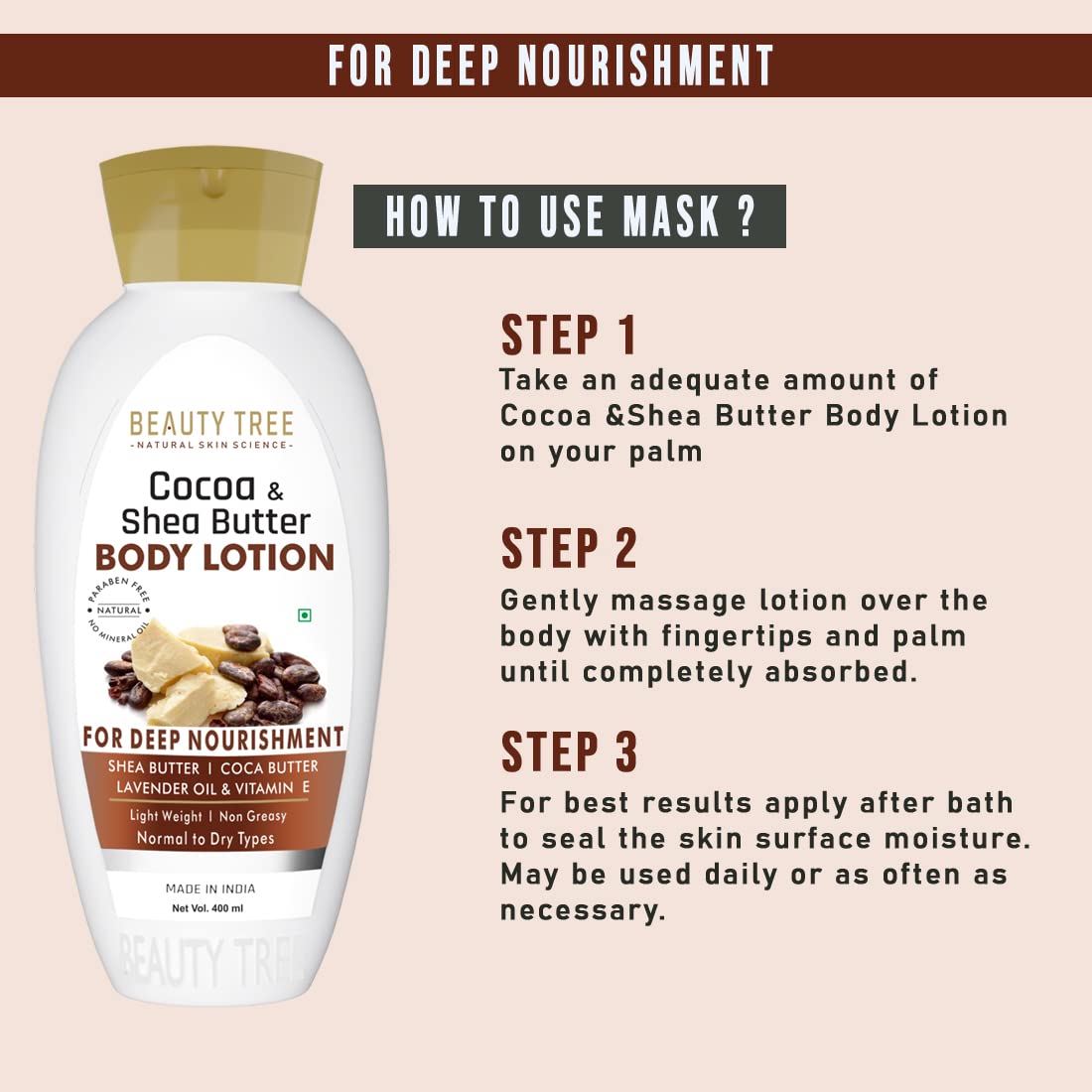 BEAUTY TREE Cocoa & Shea Butter Body Lotion - Deep Moisturizing for Dry Skin with Shea Butter, Cocoa Butter, Lavender Essential Oil & Vitamin E - 400ml - Perfect for Daily Hydration & Relaxing Massage at Home or Spa