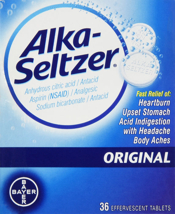 Alka Seltzer Original Effervescent Tablets - Fast Heartburn & Indigestion Relief - 36 Count - Perfect for After Meals & Occasional Upset Stomach