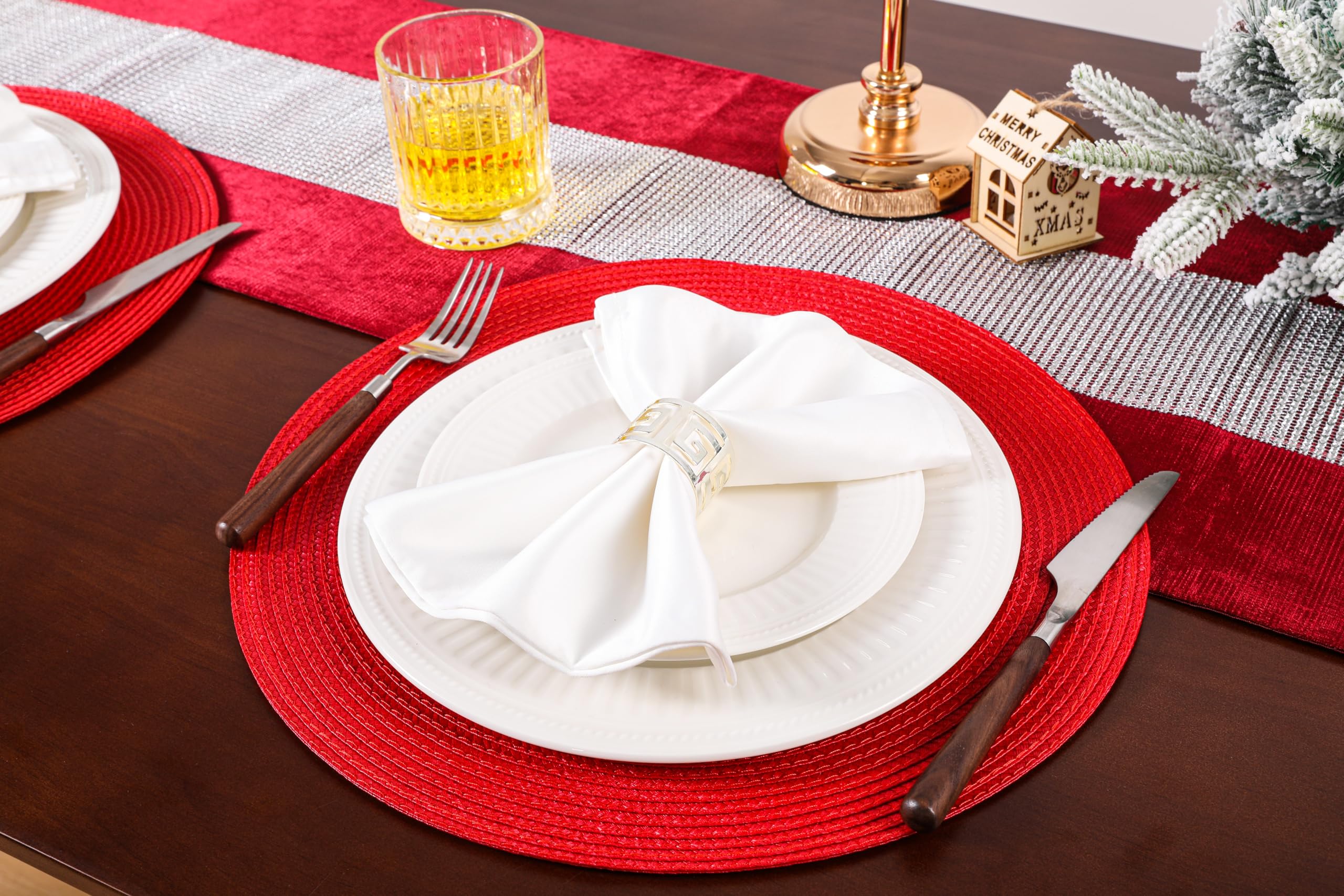 6-Pack Round Woven Placemats for Dining Table - 15 Inch Red Decorative Placemats for Fall & Christmas Decor - Perfect for Holiday Dinners, Thanksgiving, and Seasonal Table Settings