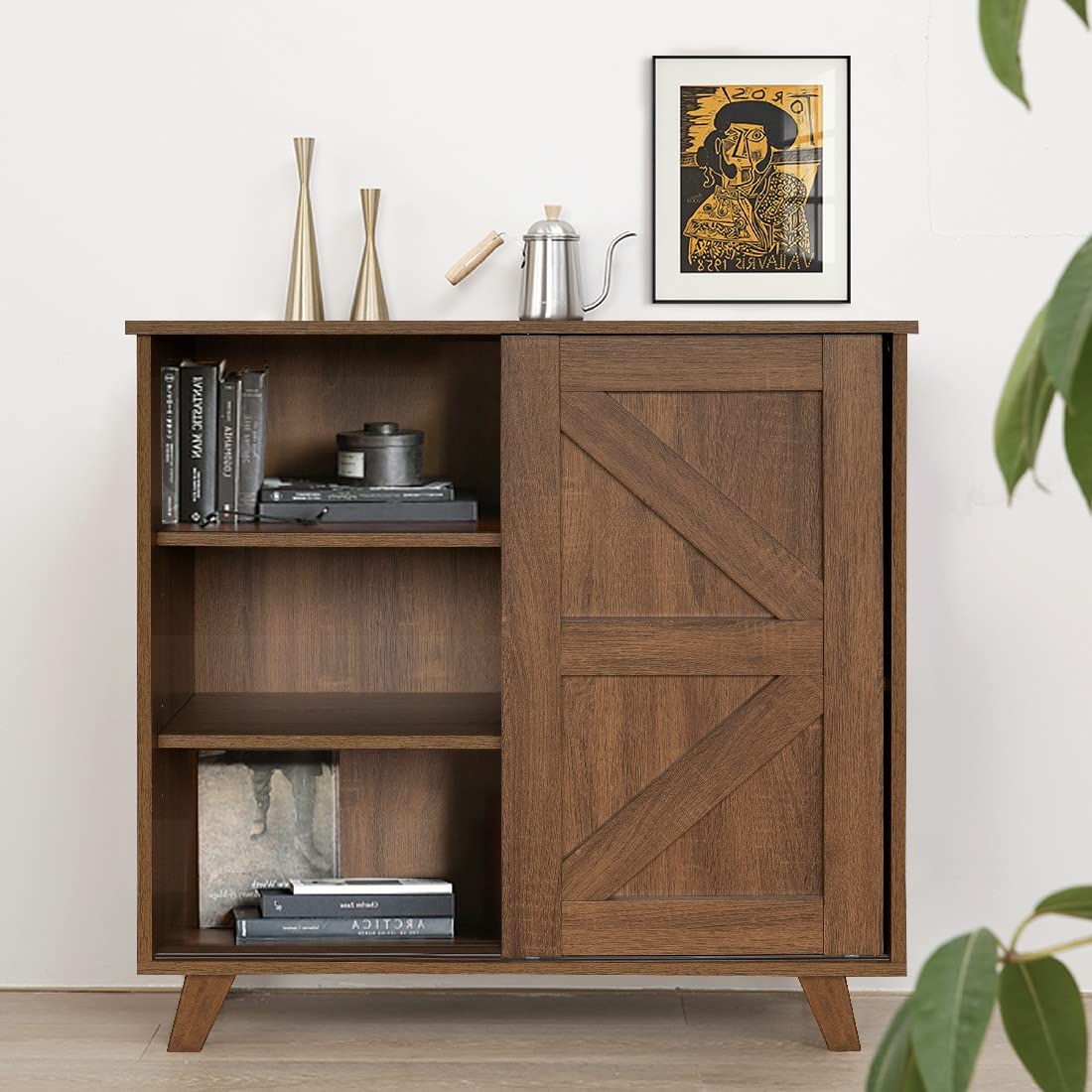 RIDI LEEOKI Sliding Barn Door Accent Cabinet - Farmhouse Style Storage Console with Single Slat Door in Walnut Finish | Perfect for Entryway, Living Room & Bedroom Organization