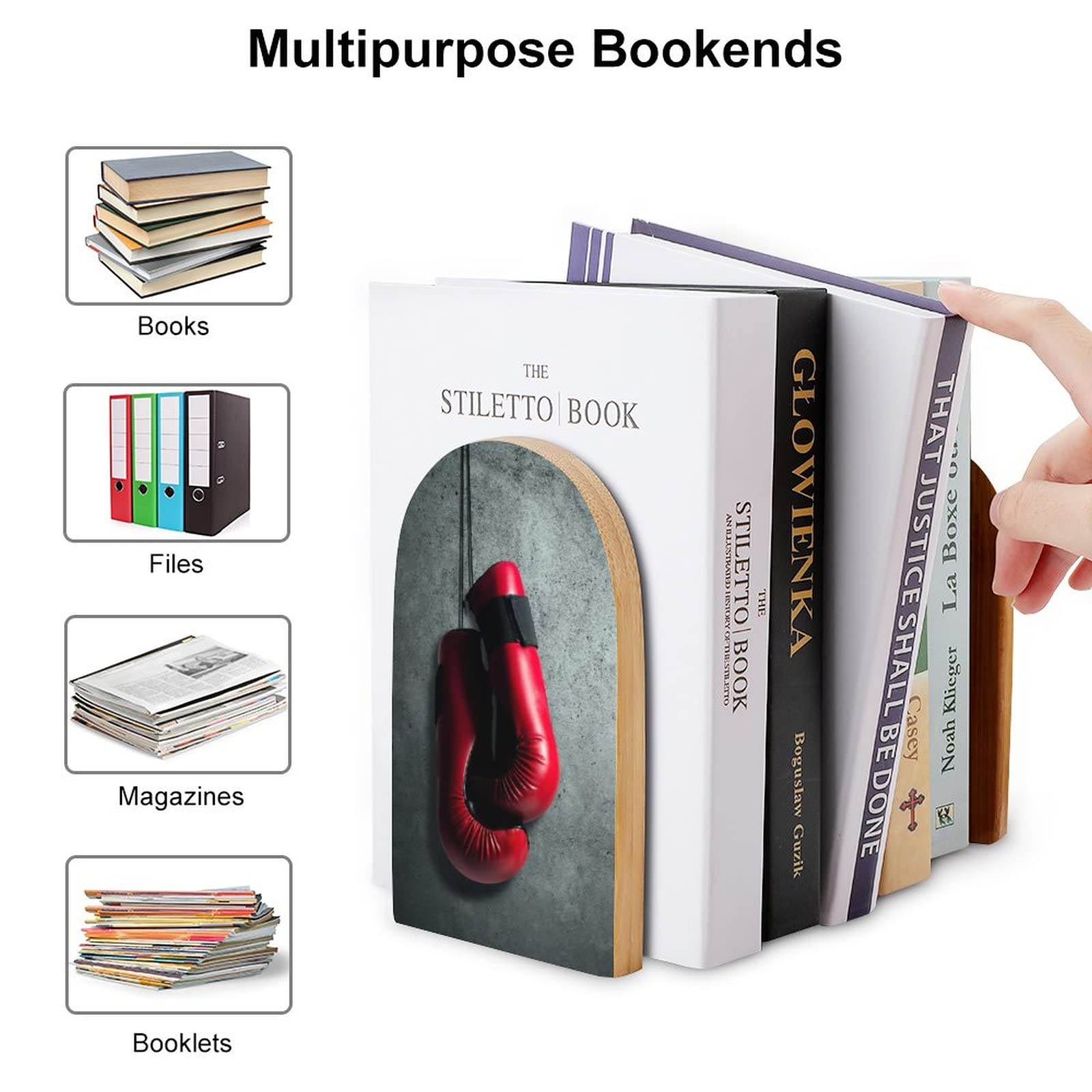 Premium Wooden Bookends - 2 PCS Non-Slip Book Shelf Holders with Red Boxing Gloves Design | Perfect for Home Office, Library & Study Decor | Unique Retirement Gift Idea & Wall Display Concept