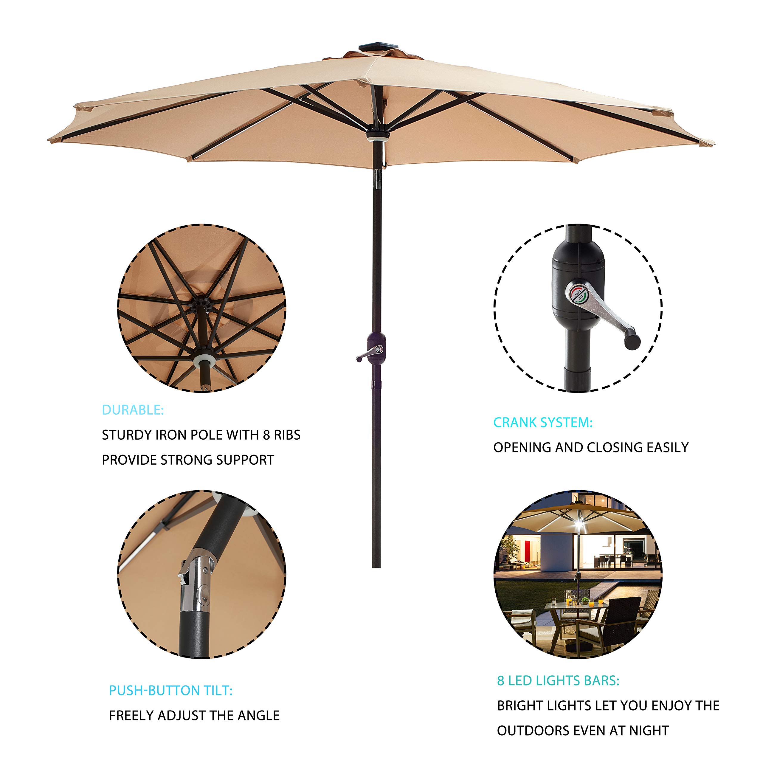 LOKATSE HOME 8.8FT Solar Powered Outdoor Patio Umbrella with 8 LED Lights - Aluminum Ribs, Central Hug Light, Crank & Tilt Mechanism for Garden, Deck, Poolside & Outdoor Dining Areas | Perfect for Backyard, Patio Furniture and Summer Relaxation