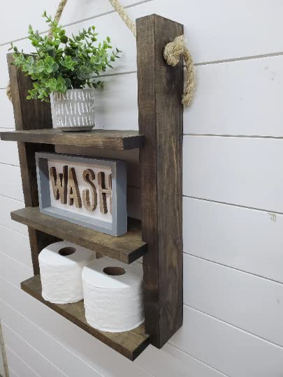 Rustic Farmhouse Rope Hanging Ladder Shelf - Bathroom & Home Decor for Storage and Display - Perfect for Towels, Blankets, Plants, and Decorative Items