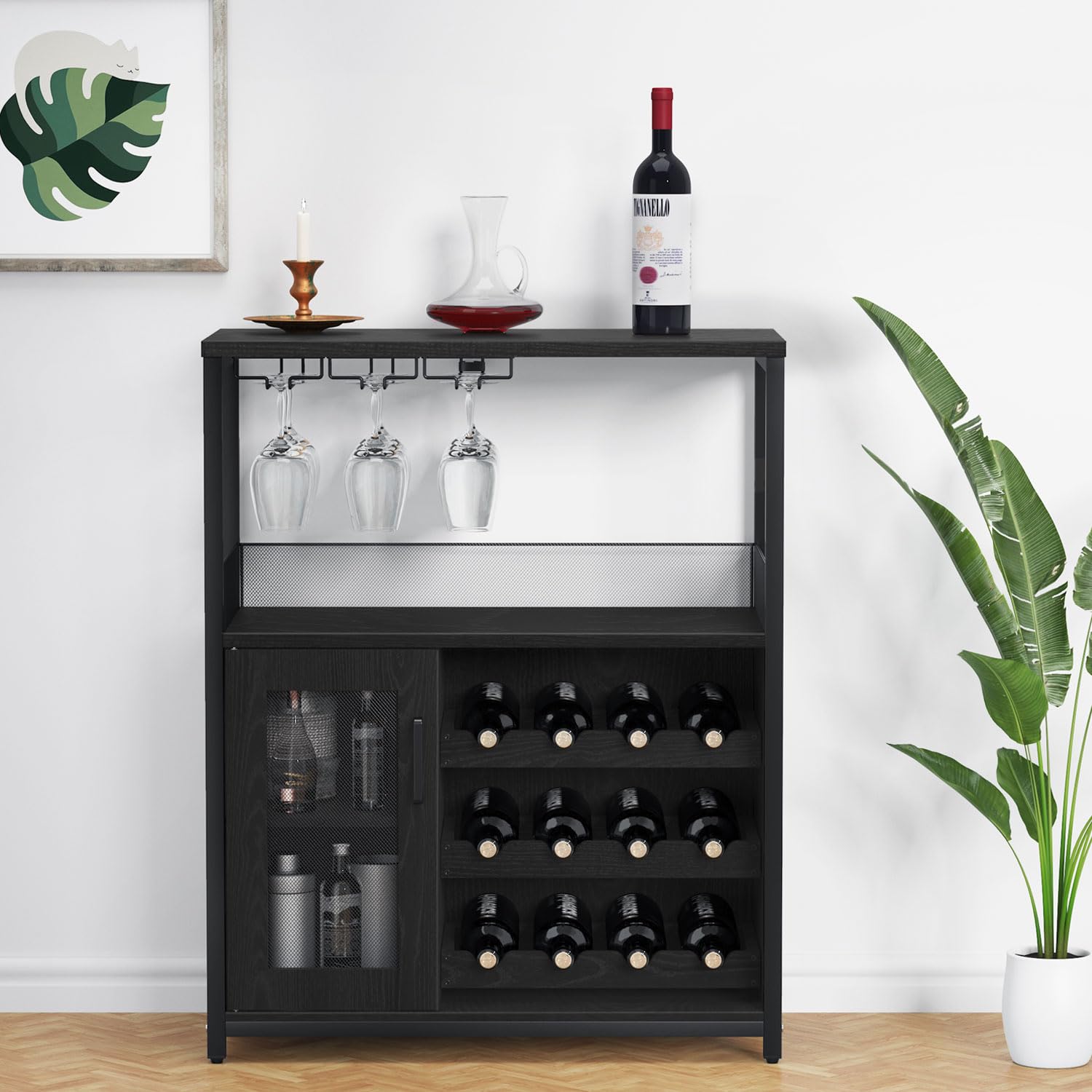 GAOMON Wine Bar Cabinet with Storage - Farmhouse Coffee Bar Cabinet with Detachable Rack, Drawer & Glass Holder - Rustic Buffet Sideboard with Mesh Door (Black) - Perfect for Dining Room, Kitchen or Home Bar Organization