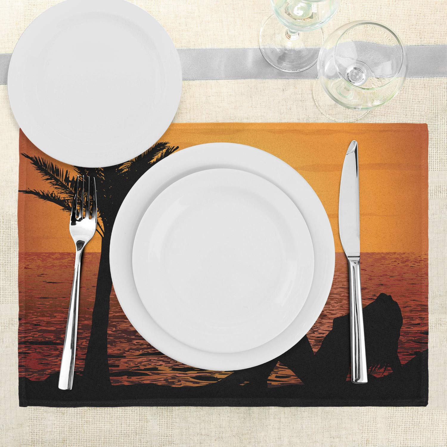 Ambesonne Retro Place Mats Set of 4 - Tropical Beach Sunset with Lady & Palm Tree Silhouette - Washable Fabric Dining Table Mats for Kitchen & Dining Room Decor in Orange & Black - Perfect for Dinner Parties, Family Gatherings & Tropical Themed Events