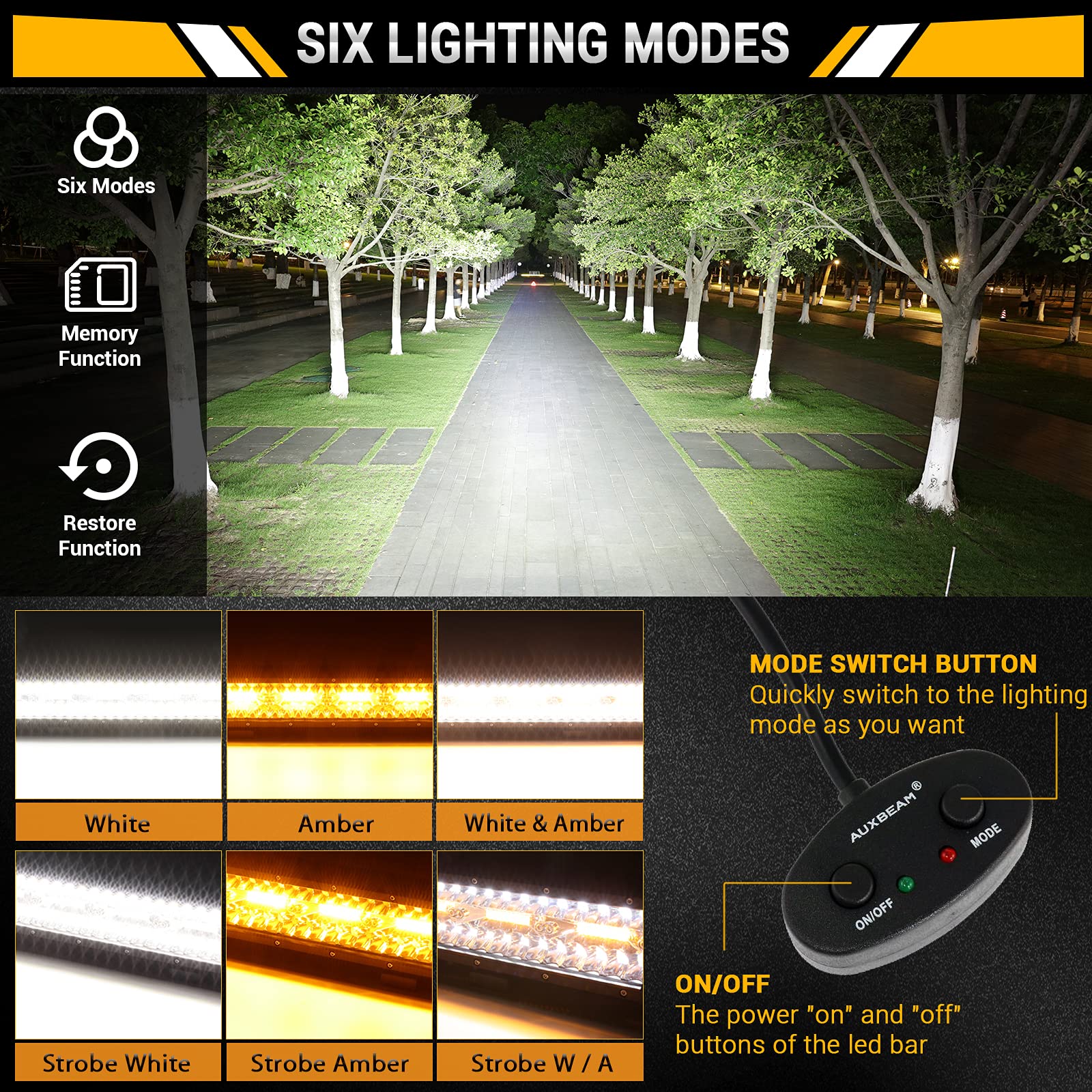 Auxbeam 7 Inch LED Light Bar 300W - Dual Color Amber & White Offroad Lights - 6 Modes Spot/Flood Work Light for Trucks, ATV, Jeep, Boat, Golf Cart (Pack of 2) - Perfect for Night Driving, Camping & Emergency Lighting