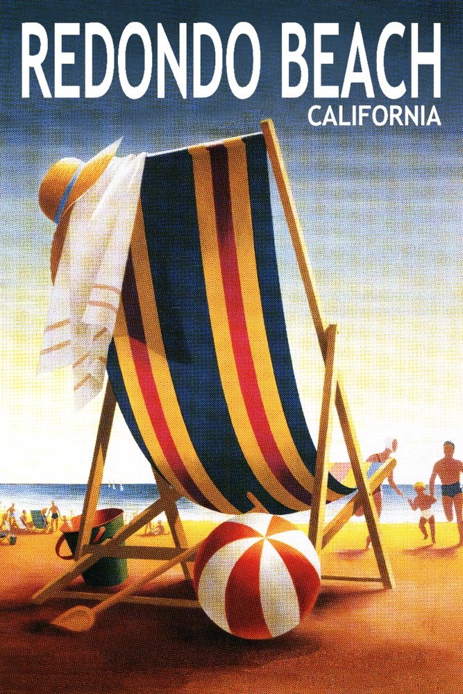 California Redondo Beach Chair & Ball 67745 - 24x36 Signed Art Print Poster - Coastal Wall Decor for Living Room, Beach House & Office