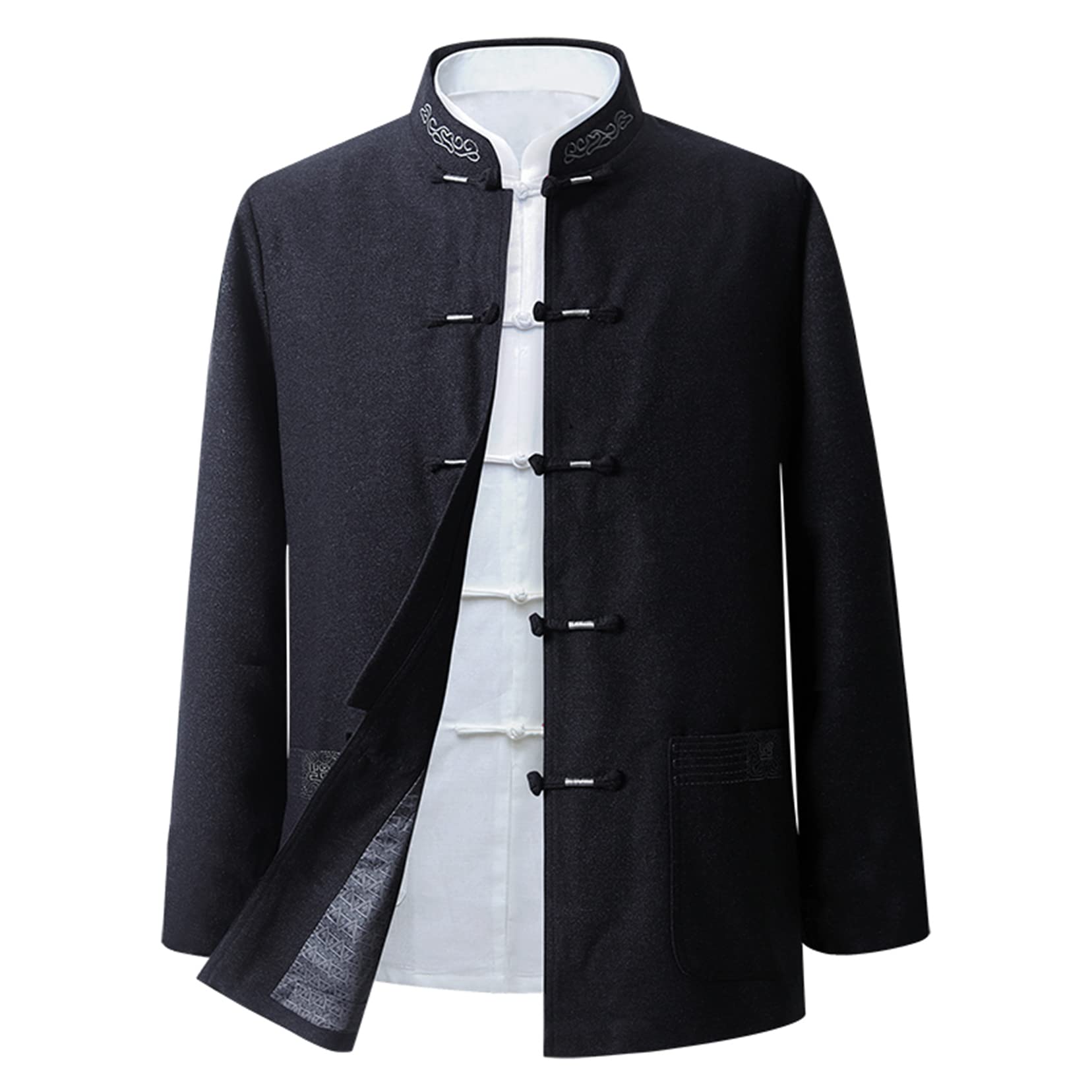 QWEP Men's Kung Fu Jacket - Traditional Chinese Martial Arts Uniform, Long Sleeve Tang Suit Shirt in Black (Size 4XL) - Ideal for Tai Chi, Wushu Training & Cultural Performances