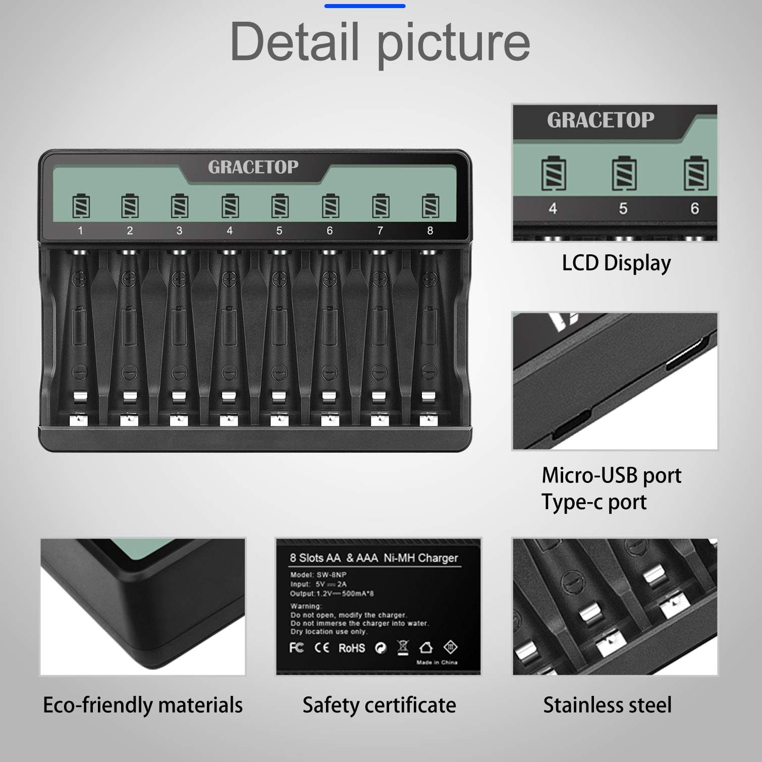 8 Bay AA AAA Battery Charger - Fast USB Charging for Ni-MH Rechargeable Batteries 1.2V with Independent Slots & USB Cable | Perfect for Cameras, Toys, Flashlights & Home Electronics (Battery Not Included)