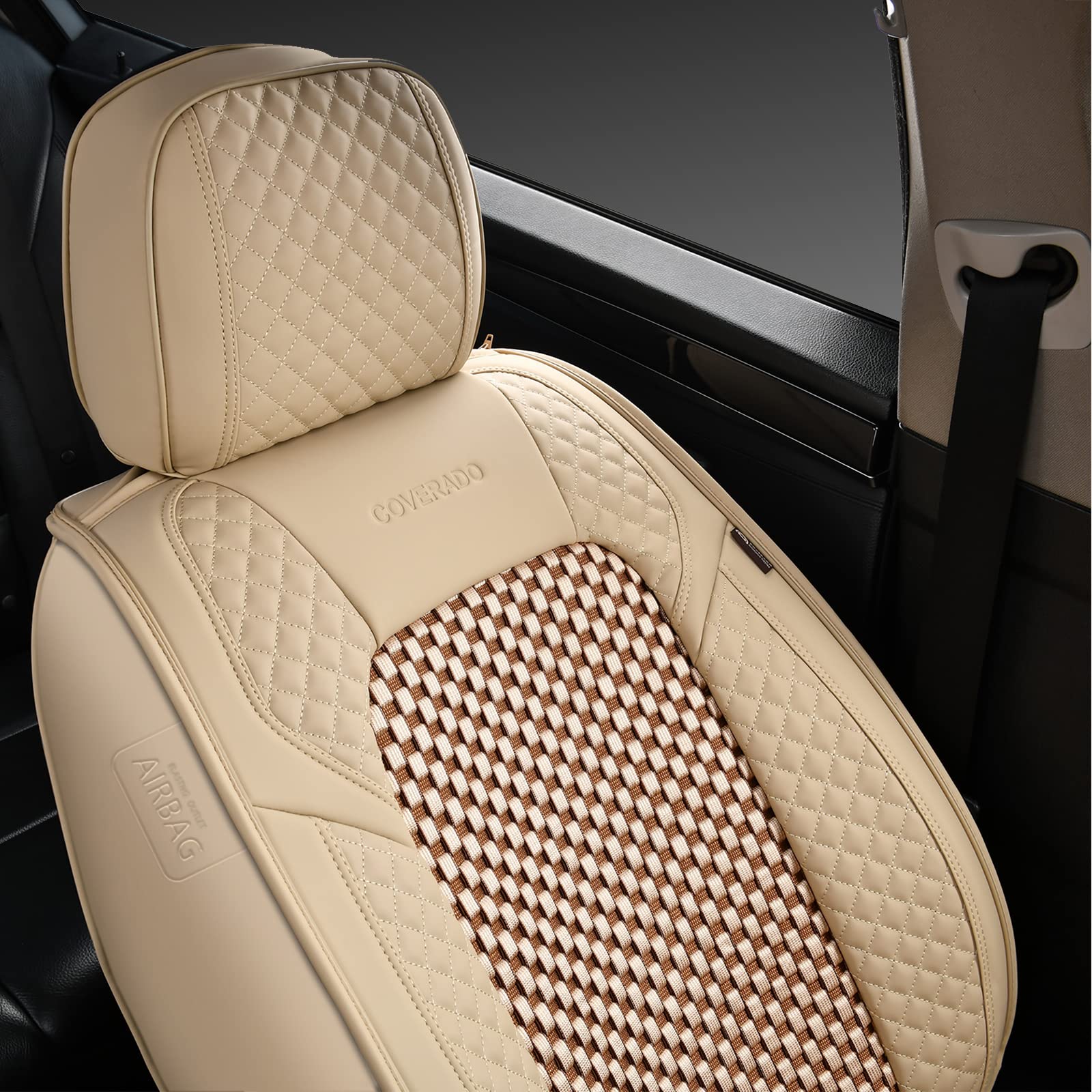 Universal 5-Piece Car Seat Covers Set - Breathable Beige Leather Seat Protectors for Front & Back Seats | Fits Most Vehicles | Perfect for Daily Commute, Road Trips & Family Protection