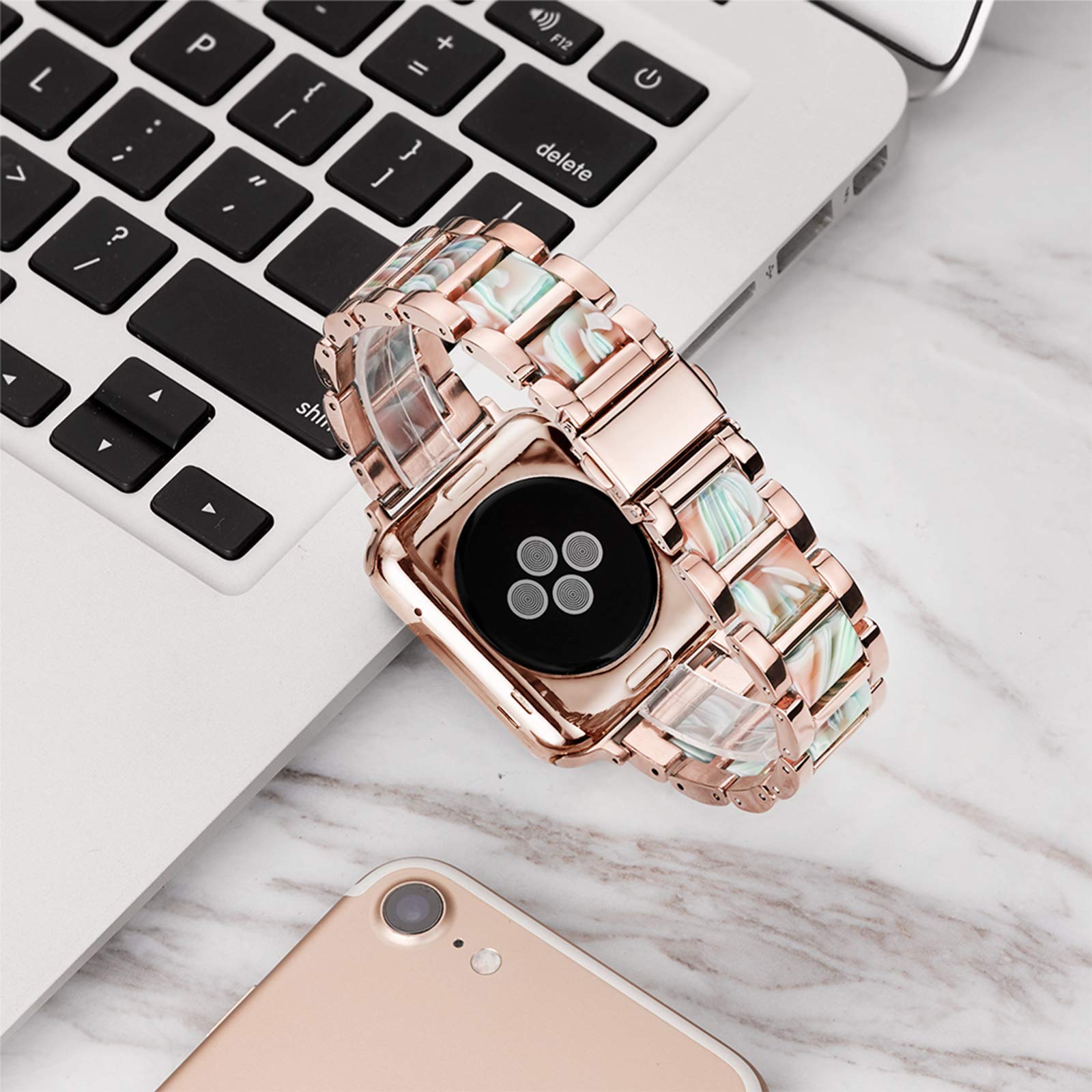 Luxury Resin & Stainless Steel Apple Watch Band for Women - Comfortable Strap Compatible with Apple Watch Series 9/8/7/SE/6/5/4/3/2/1 (Rose-Emerald Red, 38mm/40mm/41mm) - Perfect for Workouts, Office & Everyday Fashion