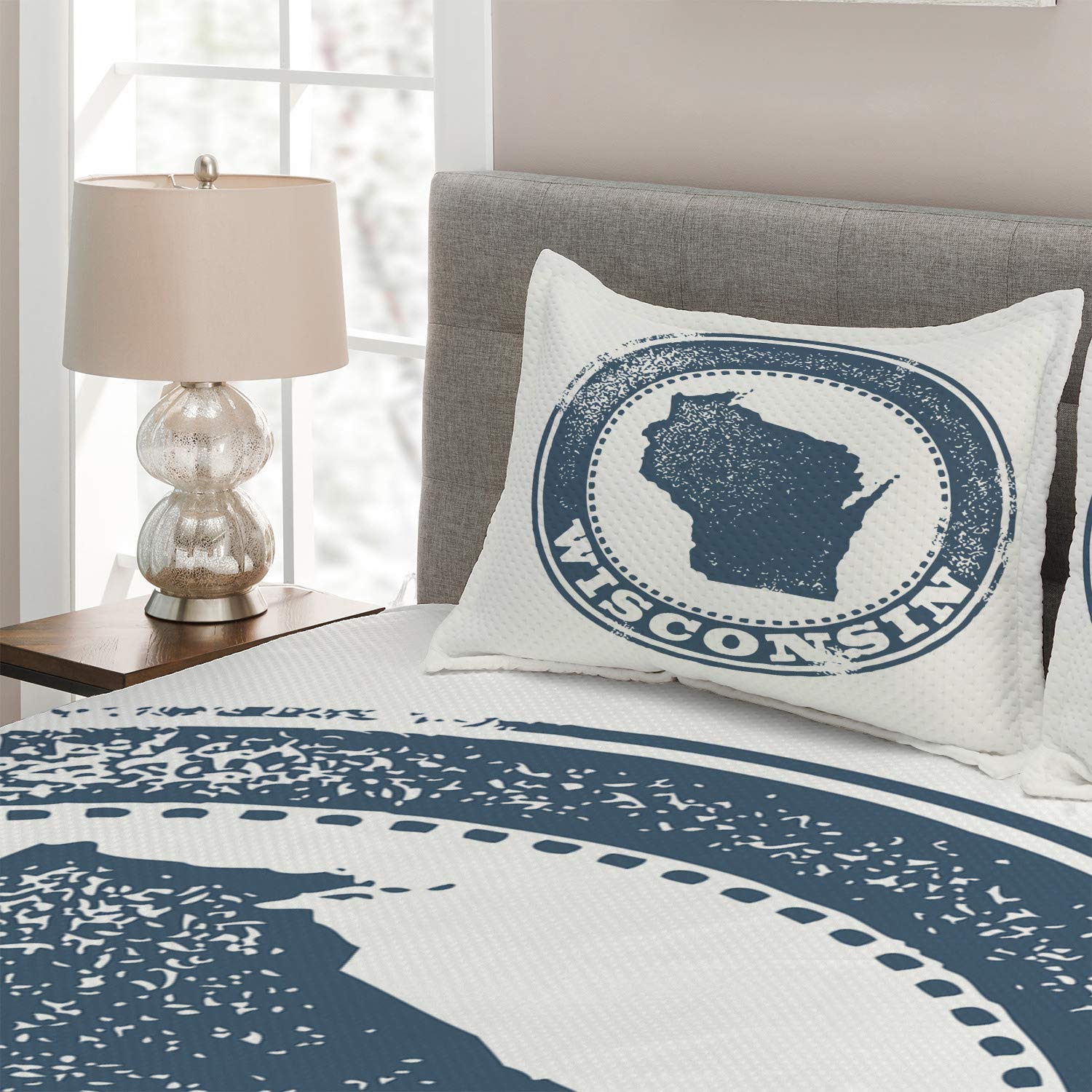 Ambesonne Wisconsin Coverlet Set - Retro Grunge Stamp Design Political Map Silhouette & Badger State Name - 3 Piece Quilted Bedspread with 2 Pillow Shams - King Size Slate Blue & White - Perfect for College Dorm, Bedroom Decor & Wisconsin Pride Gift