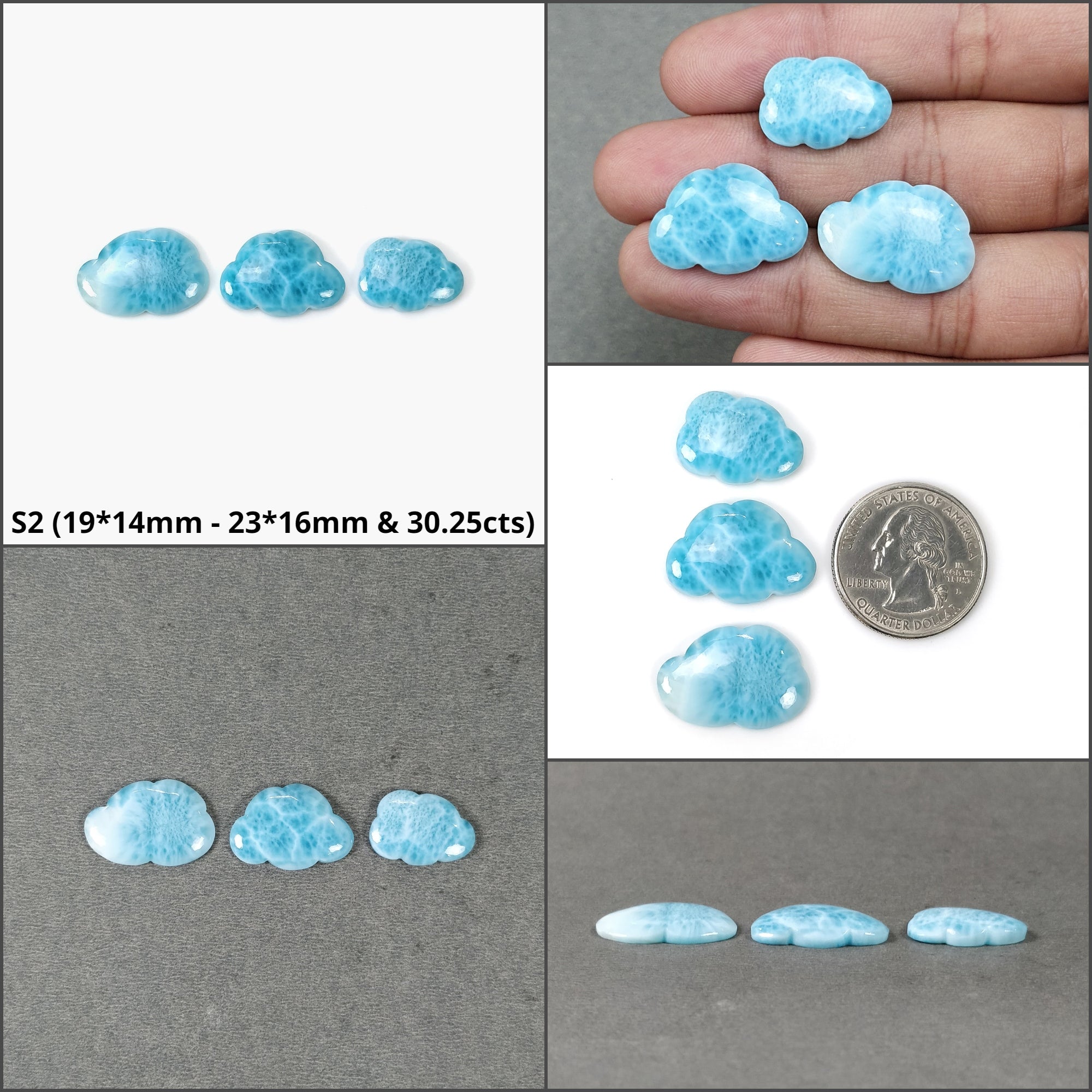 Natural Blue Larimar Gemstone Carving - Untreated Unheated Bi-Color Hand Carved Cloud Set | Healing Crystal Jewelry Making, Meditation & Spiritual Decor