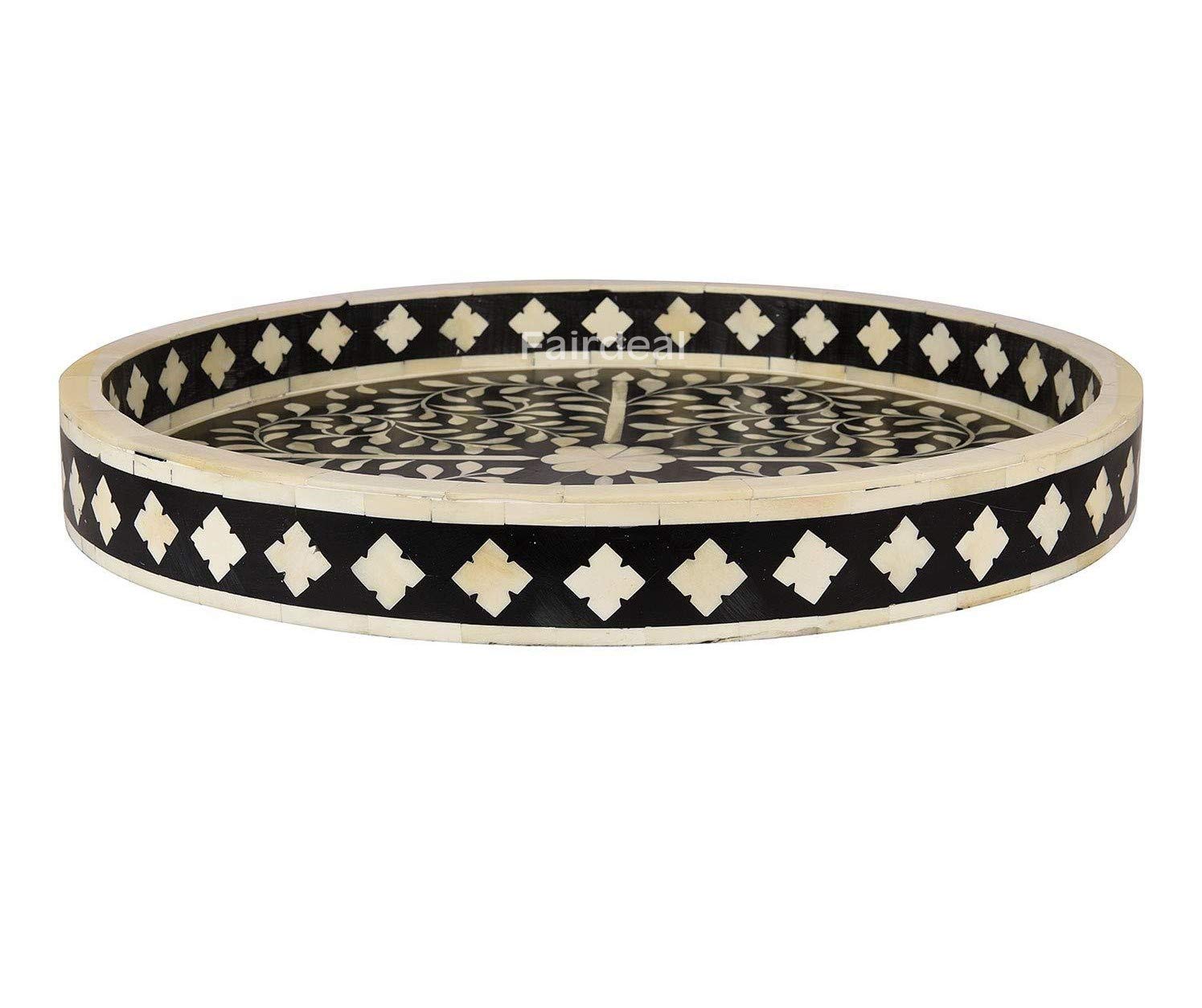 Handcrafted Antique Bone Inlay Round Serving Tray - Black Wooden Ottoman Style Home Decor | Perfect for Breakfast in Bed, Coffee Table Decor, and Gift Giving | Fairdeal Handicrafts