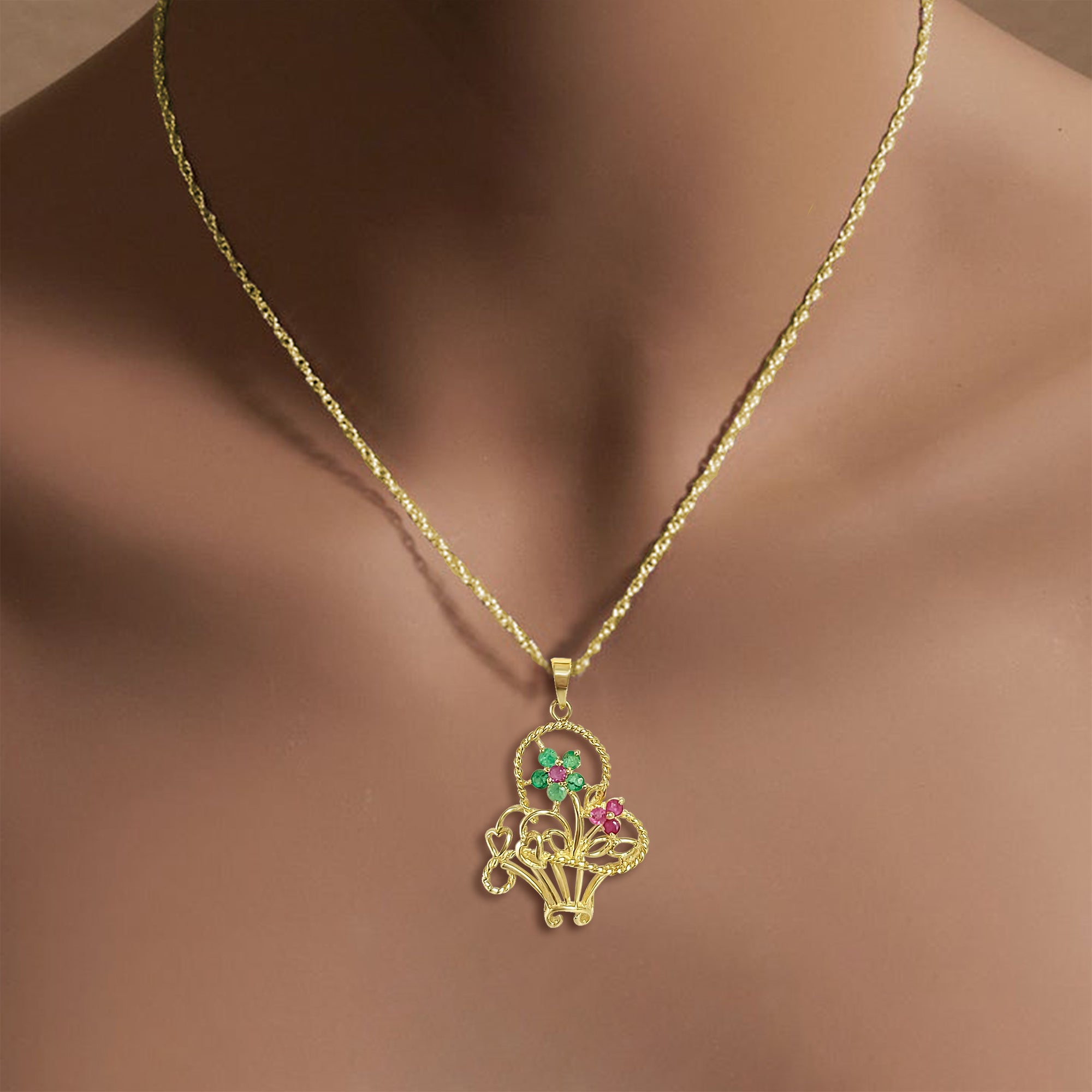 Emerald & Ruby Flower Basket Necklace - Elegant Vintage Jewelry for Women, Perfect for Weddings, Parties & Special Occasions