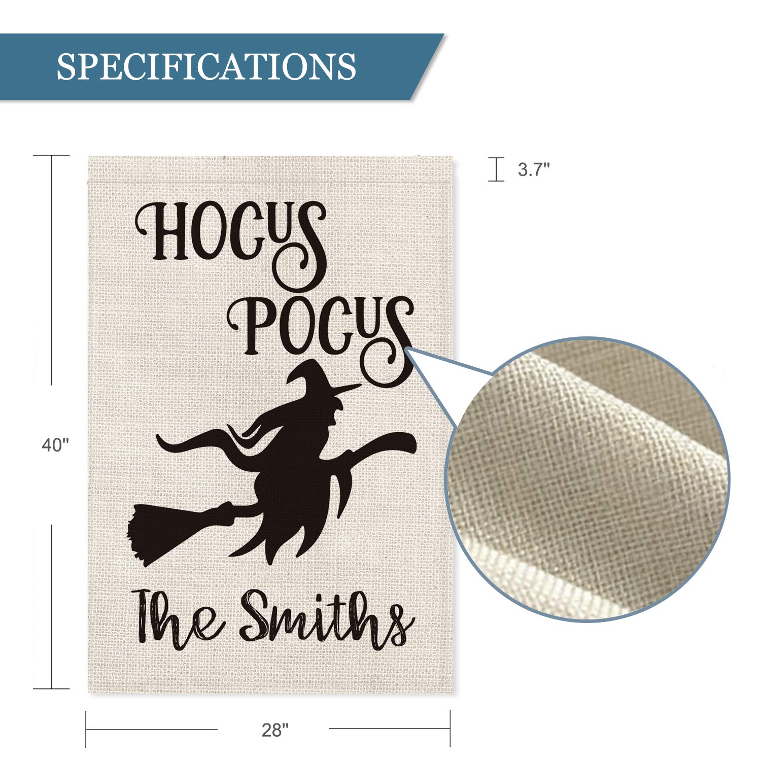 Personalized Halloween Wicked Witch on Broom House Flag - Custom Hocus Pocus Family Name Double Sided 28x40 Inch Rustic Farmhouse Burlap Outdoor Decoration for Yard, Porch & Halloween Party Decor