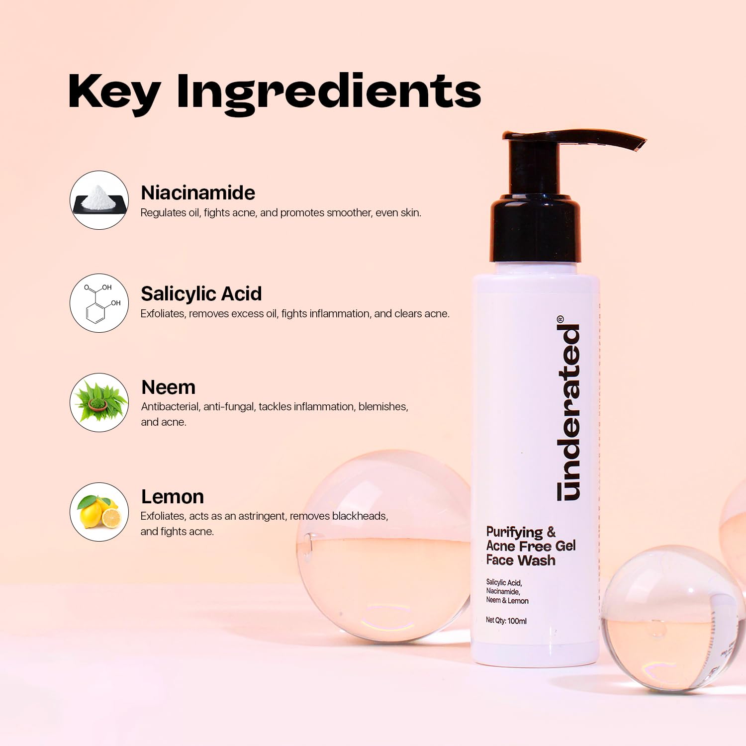 Neem & Lemon Acne Control Face Wash - Purifying Gel Cleanser for Oily Skin, Reduces Shine & Prevents Blackheads & Whiteheads | 100ml | Daily Skincare Routine for Clear, Balanced Skin