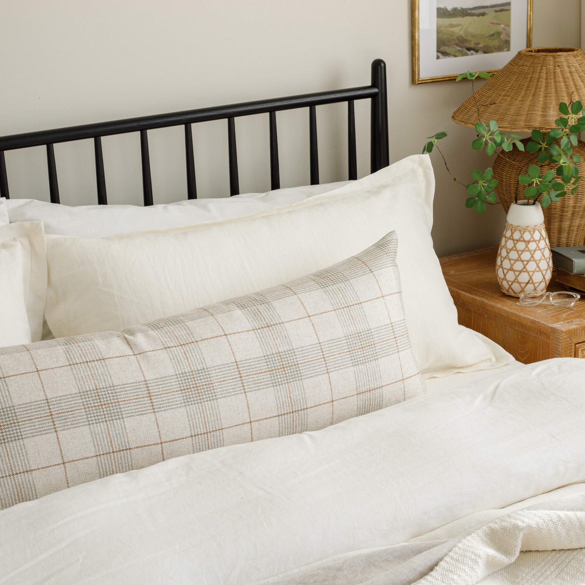 Cabot Plaid 16x42 Bolster Pillow in Sage Green - Decorative Lumbar Support Cushion for Sofa, Bed, or Reading Nook - Soft Cotton Blend Home Decor