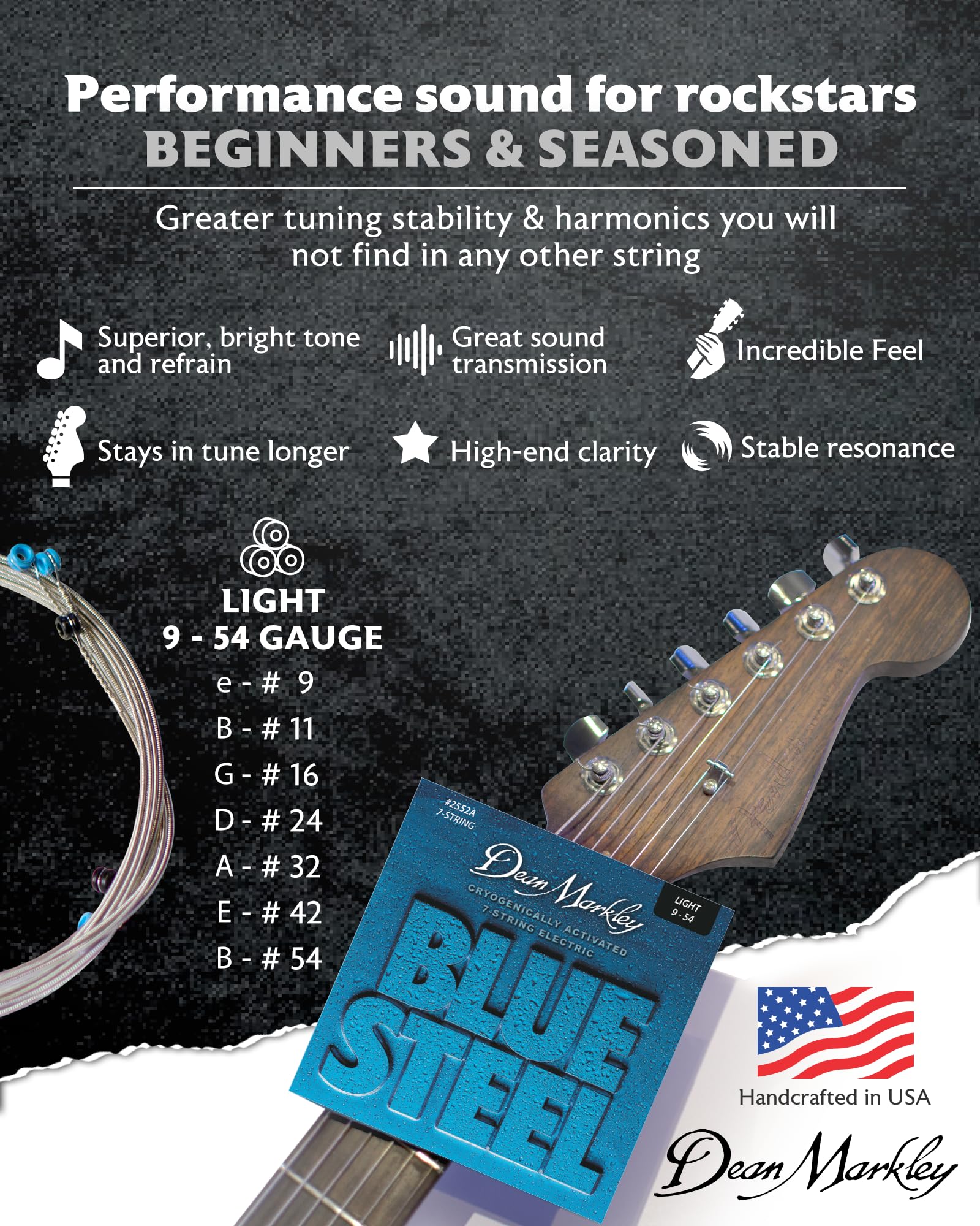 DEAN MARKLEY 2552A Blue Steel Electric Guitar Strings - 7 Piece Set | Cryogenically Treated for Longevity & Enhanced Performance | 9-54 Gauges | Made in USA | Perfect for Rock, Blues & Studio Recording