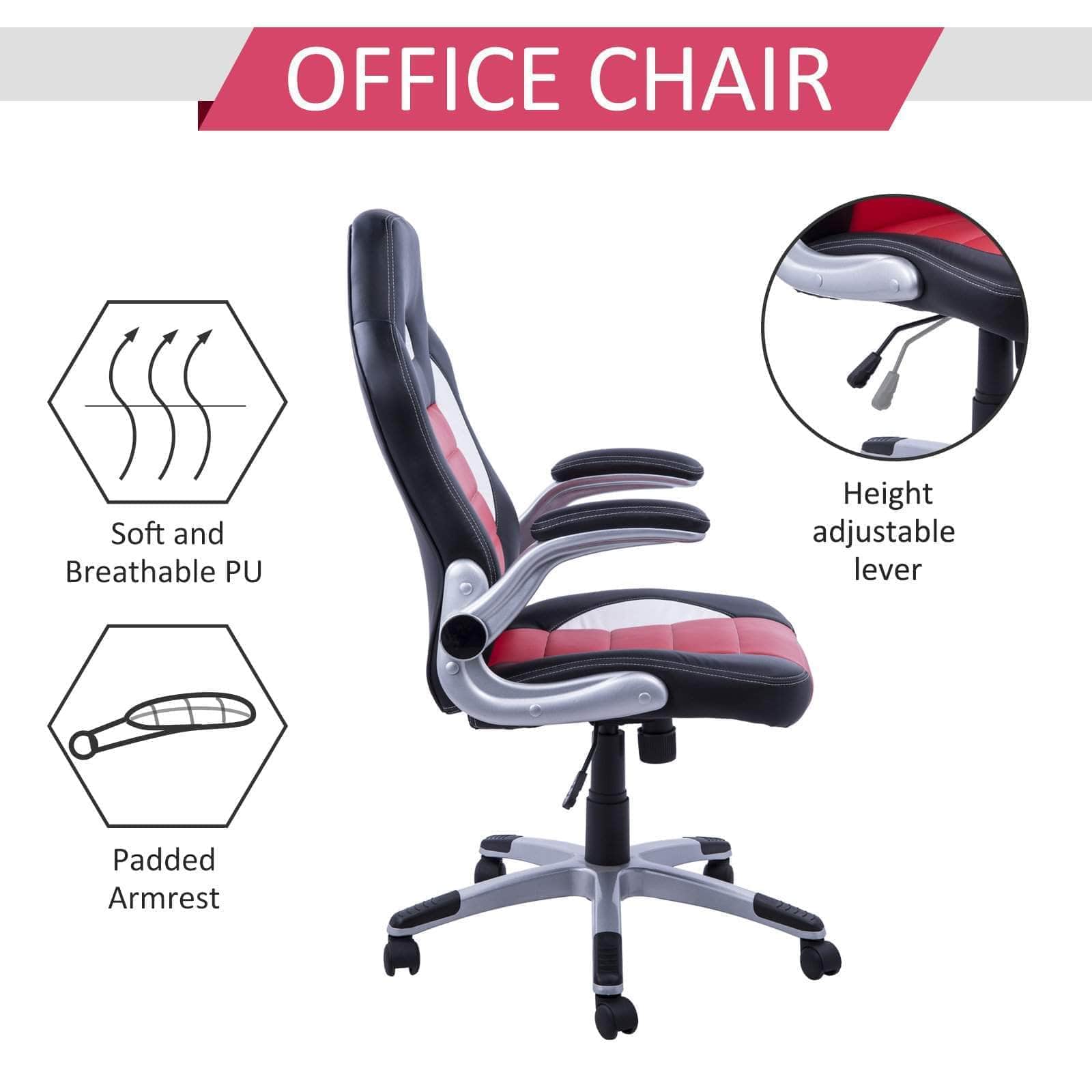 Premium Racing Style Office Gaming Chair - Ergonomic Swivel & Adjustable Armrest - PU Leather Executive Desk Chair for Home & Work - Available in Black & Red (Perfect for Gamers & Remote Workers)