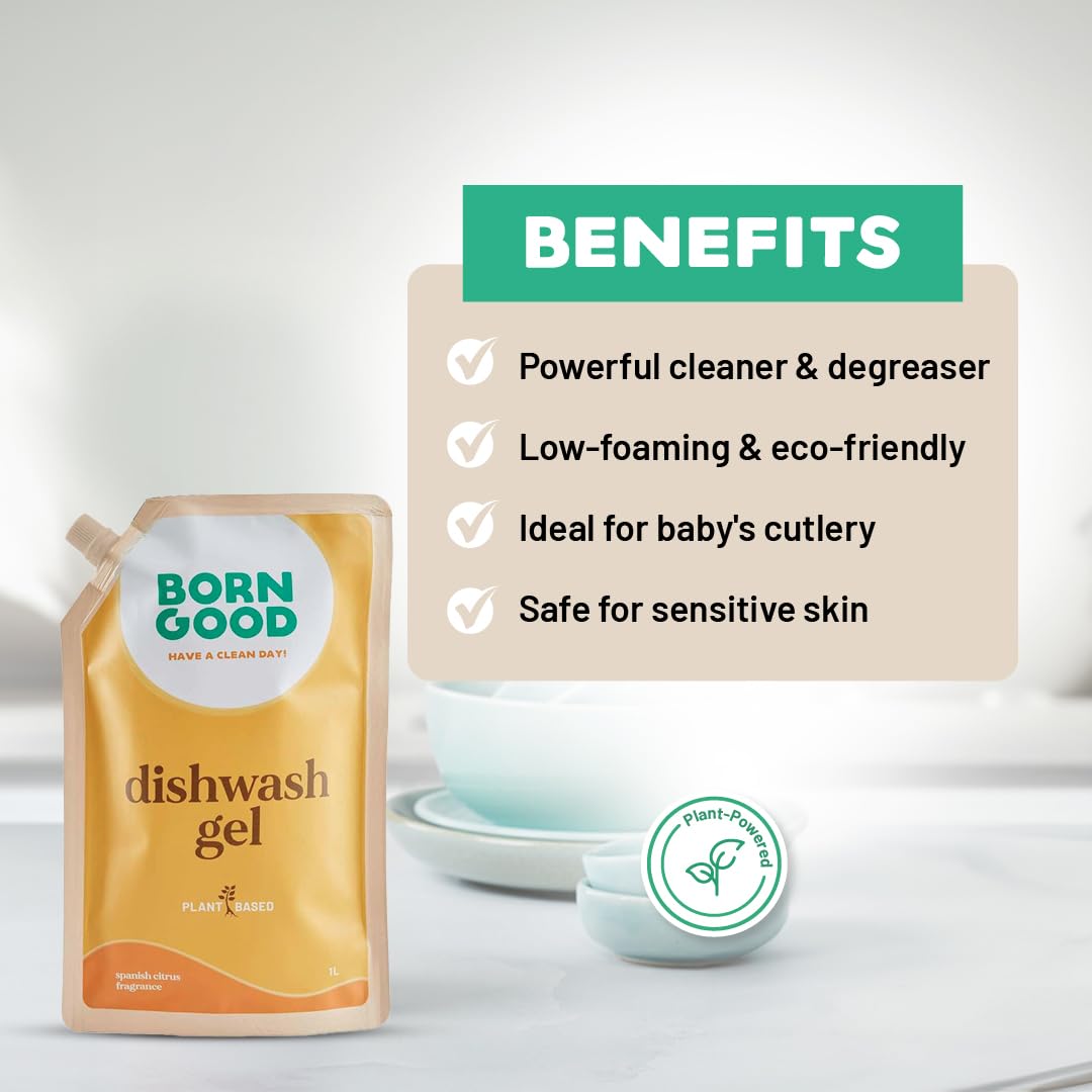 Eco-Friendly Plant-Based Spanish Citrus Dishwashing Gel - Non-Toxic, Biodegradable, 1L Refill Pouch | Perfect for Grease Cutting & Gentle on Hands | Sustainable Kitchen Cleaning Solution