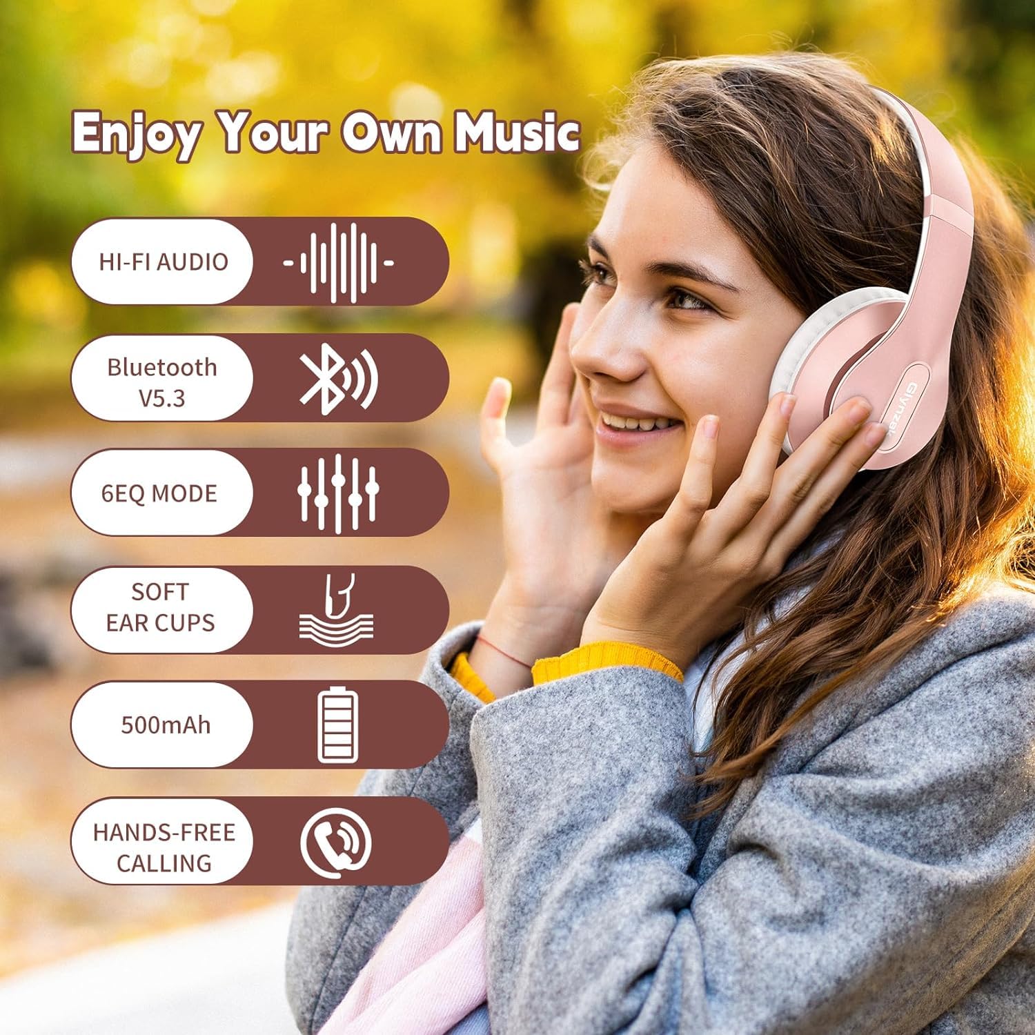Premium Wireless Bluetooth Headphones Over-Ear with 65H Playtime, HiFi Stereo & Built-in Mic - 6 EQ Modes, Foldable Design, Bluetooth 5.3 for Travel, Work, Gaming (Rose Gold) - Perfect for Commuting, Office & Home Entertainment