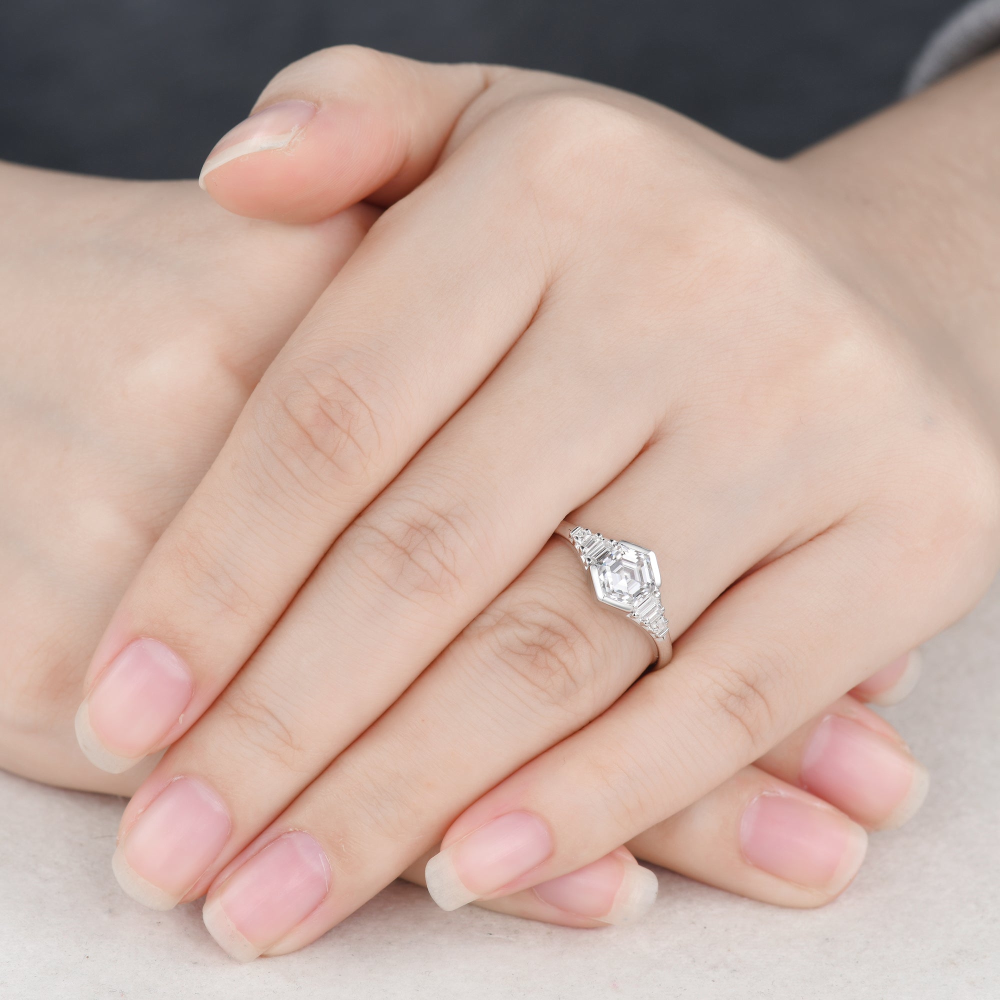Vintage Inspired Hexagon Moissanite Engagement Ring in 14K White Gold with Unique Bezel Setting - Perfect for Proposals, Anniversaries & Special Occasions