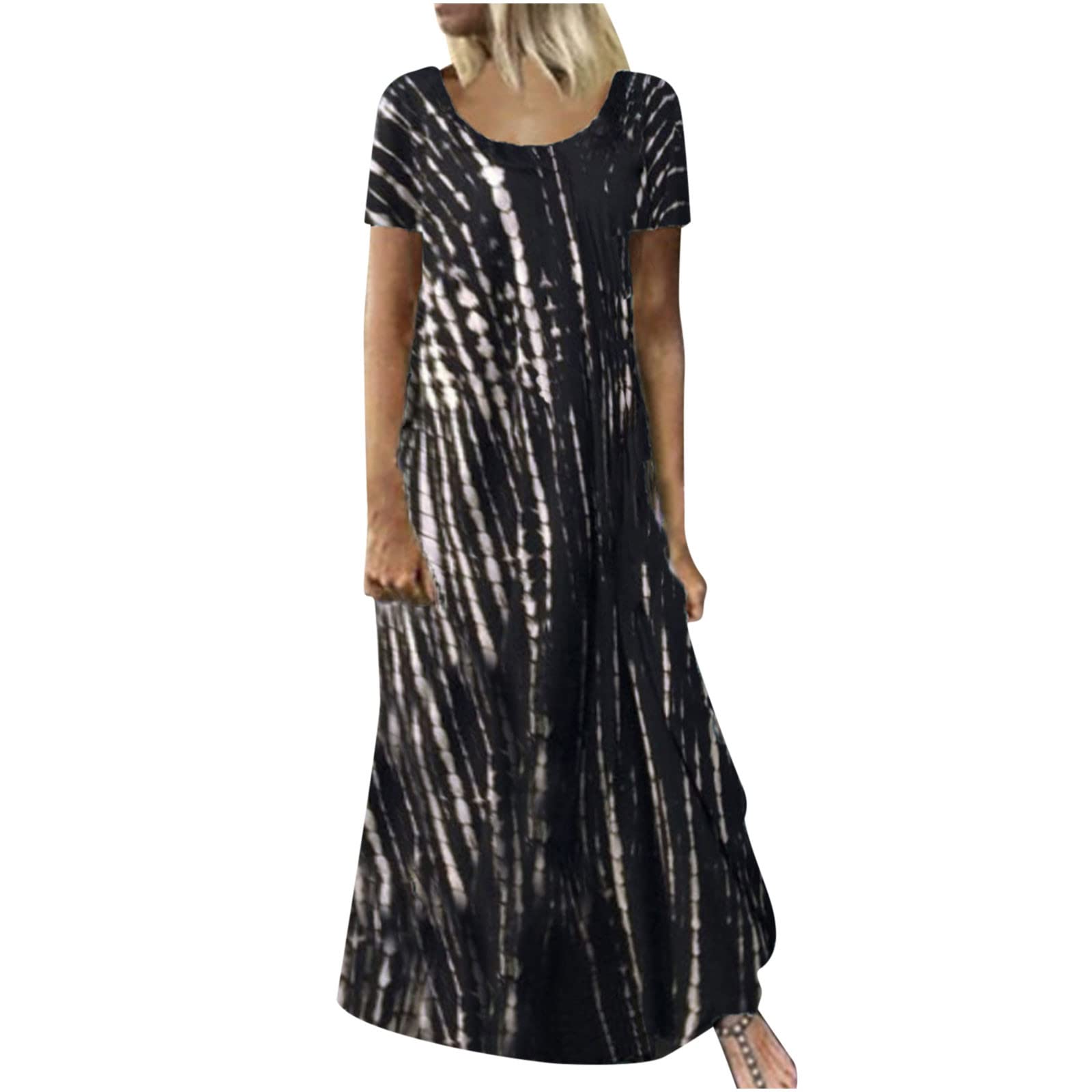 **Women's Tie Dye Maxi Dress - Casual Plus Size Floral Short Sleeve Crewneck Midi Dress for Summer & Fall | Perfect for Beach, Vacation & Everyday Wear**
