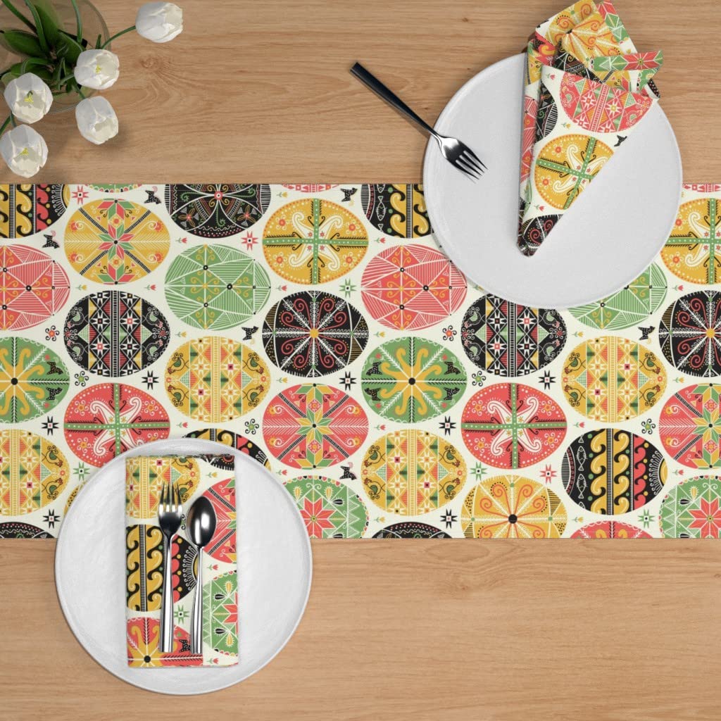 Easter Folk Pysanky Egg Print Cotton Sateen Table Runner - 90 Inch Spring Scandinavian Geometric Table Linens for Holiday Dining & Home Decor