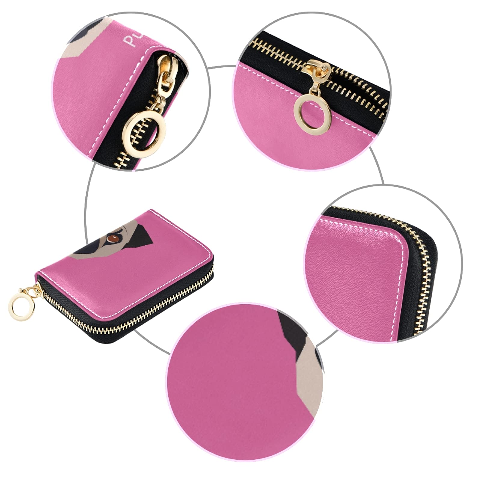 Pug Dog Design Pink RFID Blocking Leather Credit Card Wallet - Compact Women's Coin Purse with Key Organizer & Zipper Closure - Perfect for Everyday Use, Travel & Gift Giving