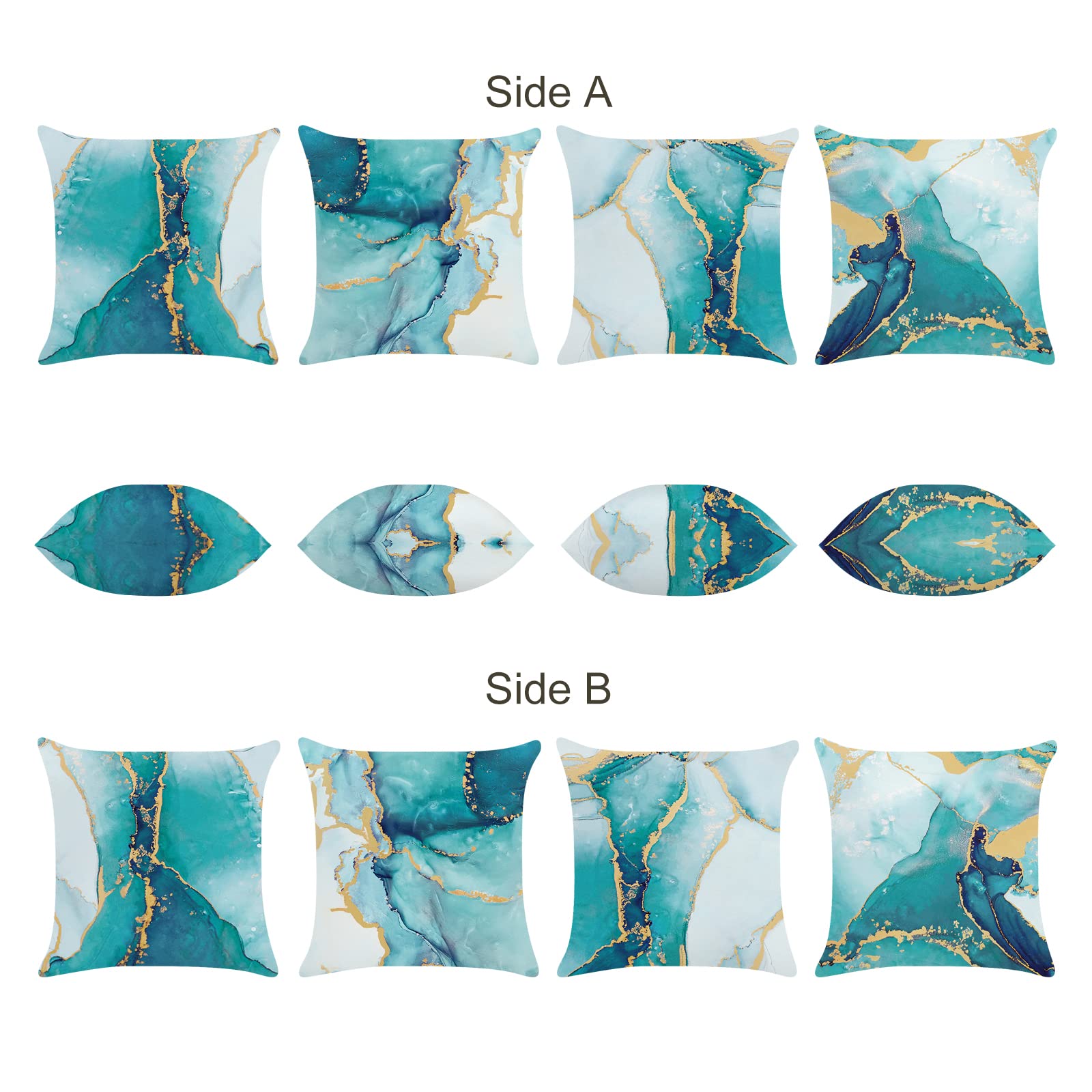 Bonhause Turquoise Marble Throw Pillow Covers 18x18 Inch Set of 4 - Reversible Teal & Gold Abstract Art Velvet Cushion Covers for Sofa, Bed, Living Room - Modern Home Decor for Indoor & Outdoor Use