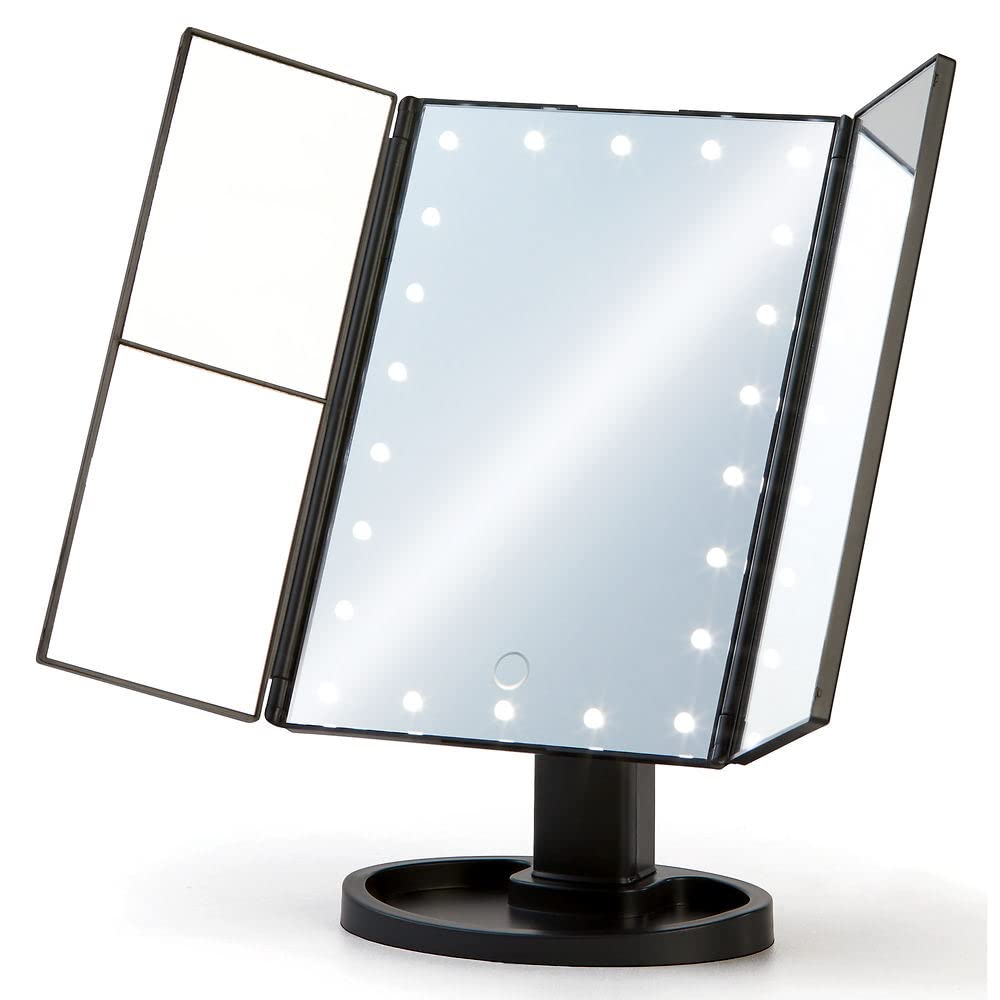 Tri-Fold LED Makeup Mirror with 3 Magnification Levels (3x, 2x, 1x) - 22 Bright Adjustable LEDs - 360° Viewing Angles - Perfect for Vanity, Bathroom & Travel (Black)