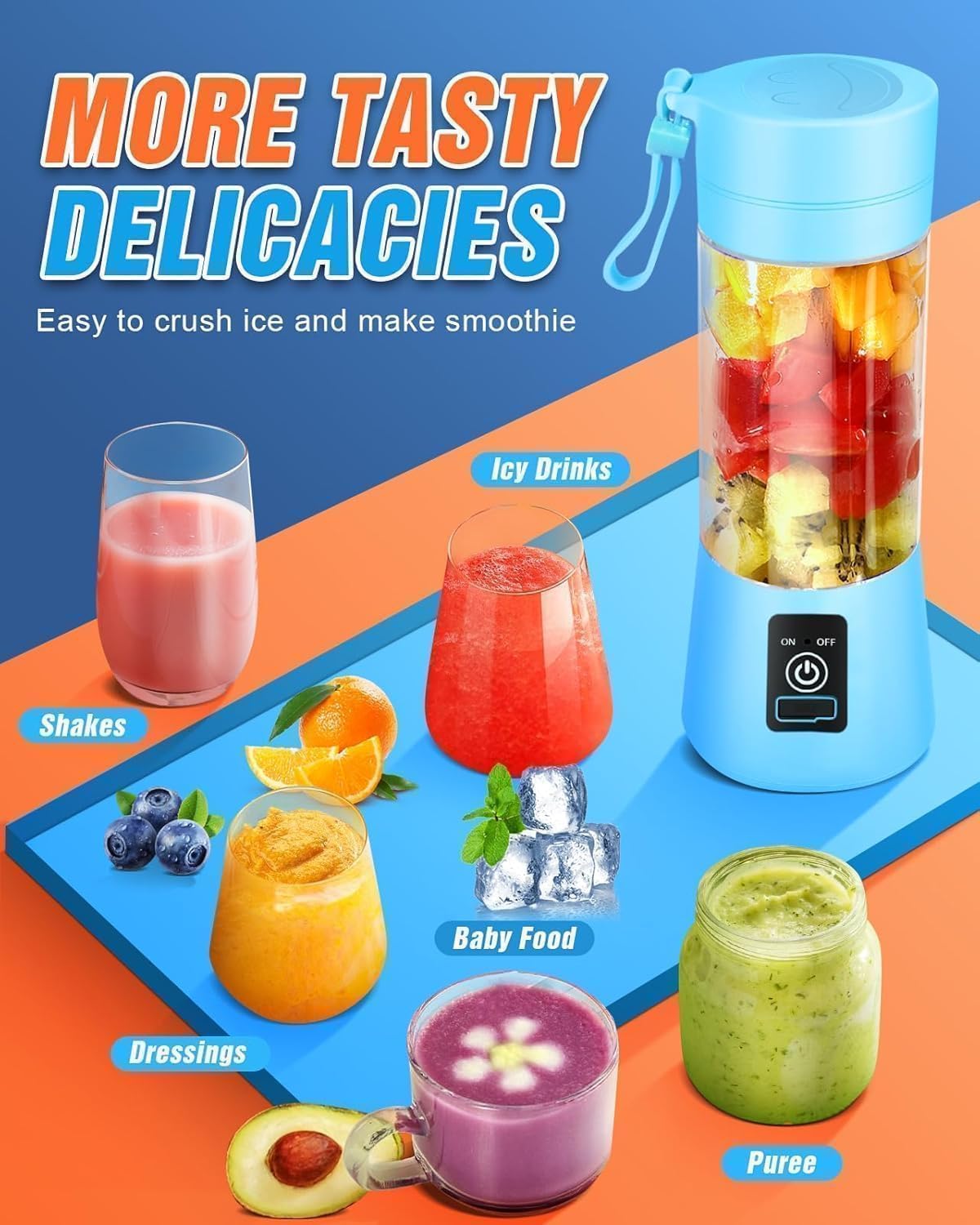 Portable Personal Blender for Smoothies & Shakes - 380ml Mini Blender with 6 Sharp Blades, 2000mAh Rechargeable Battery, Travel Lid - Perfect for Gym, Office, Home & Outdoor Use