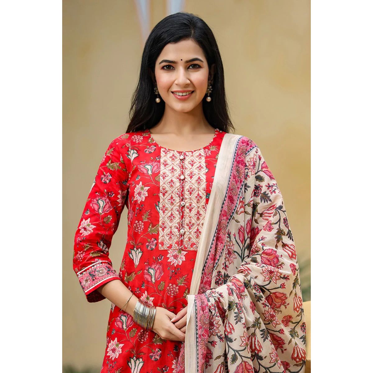 Stylish Red and Cream Printed Kurta Set for Women - Traditional Indian Outfit for Festivals, Parties & Casual Wear
