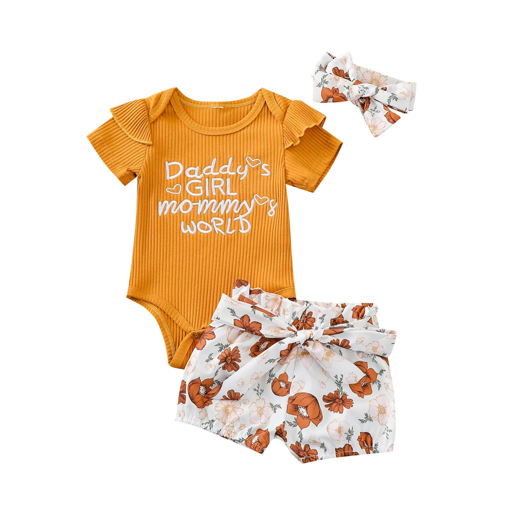 BeQeuewll Baby Girl Romper Outfit - Newborn Ruffle Ribbed Bodysuit Jumpsuit with Floral Shorts Set | Toddler Summer Clothes for Playdates & Outdoor Activities