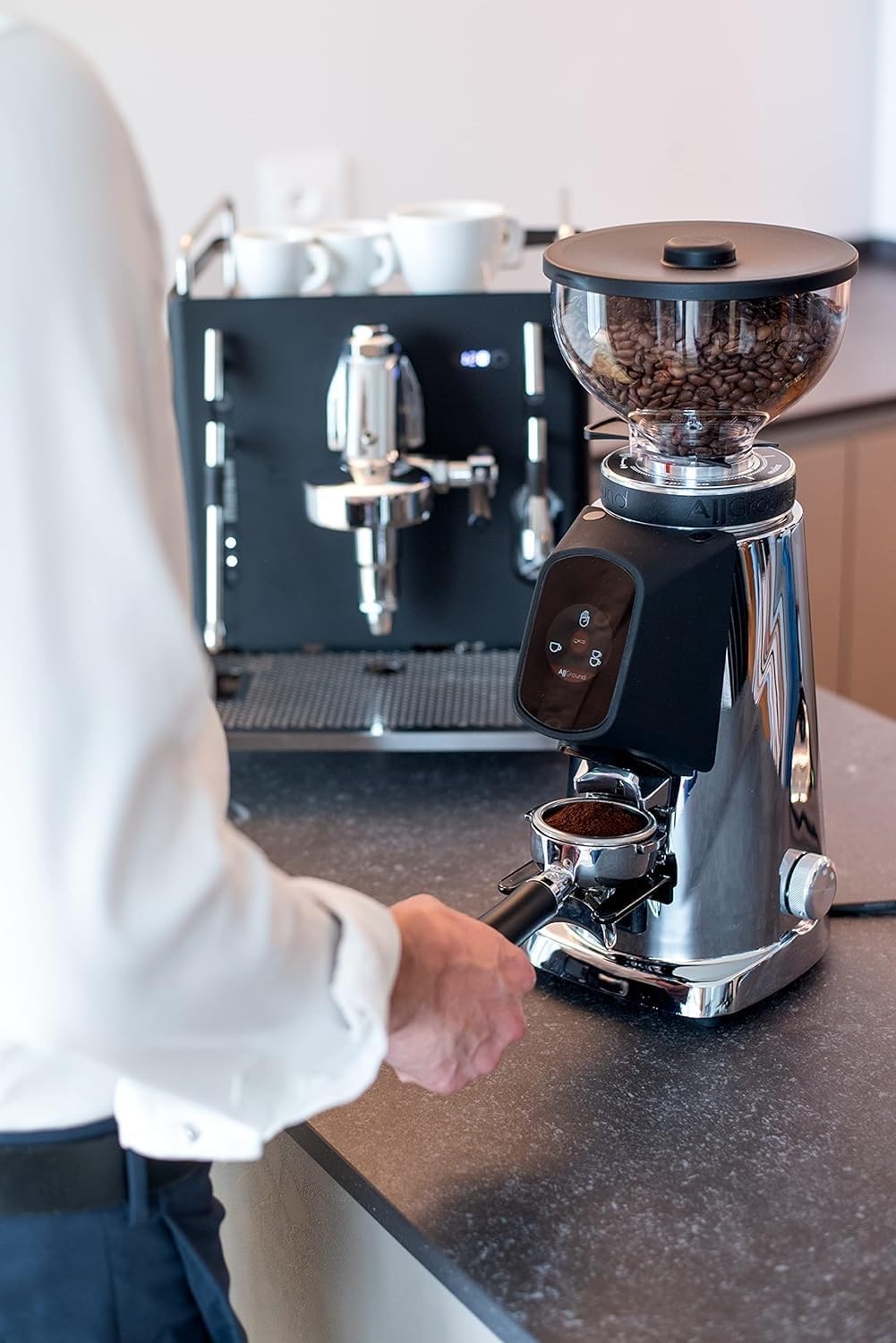Premium Electric Burr Coffee Grinder with 64mm Dark-T Titanium Burrs - Home Coffee Bean Grinder for Espresso, French Press & Drip Coffee - Includes Chrome & Dark Oak Container (Perfect for Kitchen, Office & Coffee Shops)