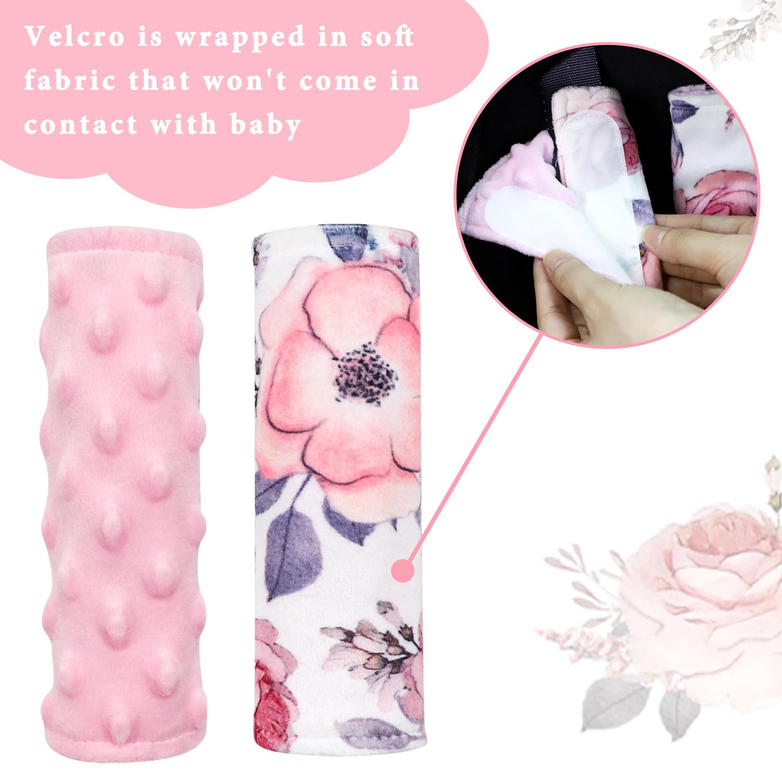 Soft Mink Car Seat Strap Covers for Babies - Pink Floral Shoulder Pads for Girls, Comfortable and Safe for Long Car Rides and Daily Commutes