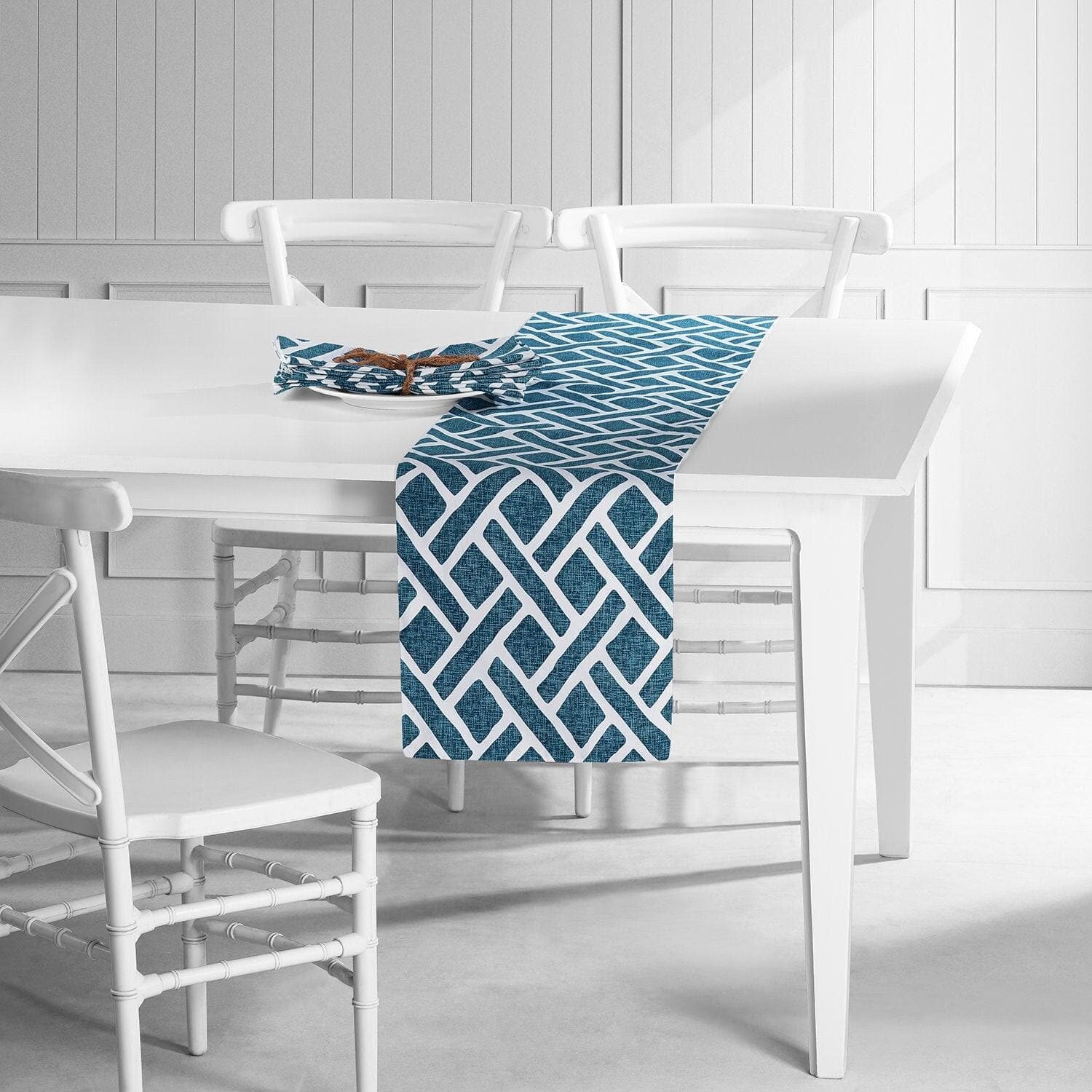 Martinique Blue Geometric Printed Cotton Table Runner & Placemats Set - Elegant Dining Table Decor for Weddings, Parties, and Holiday Gatherings