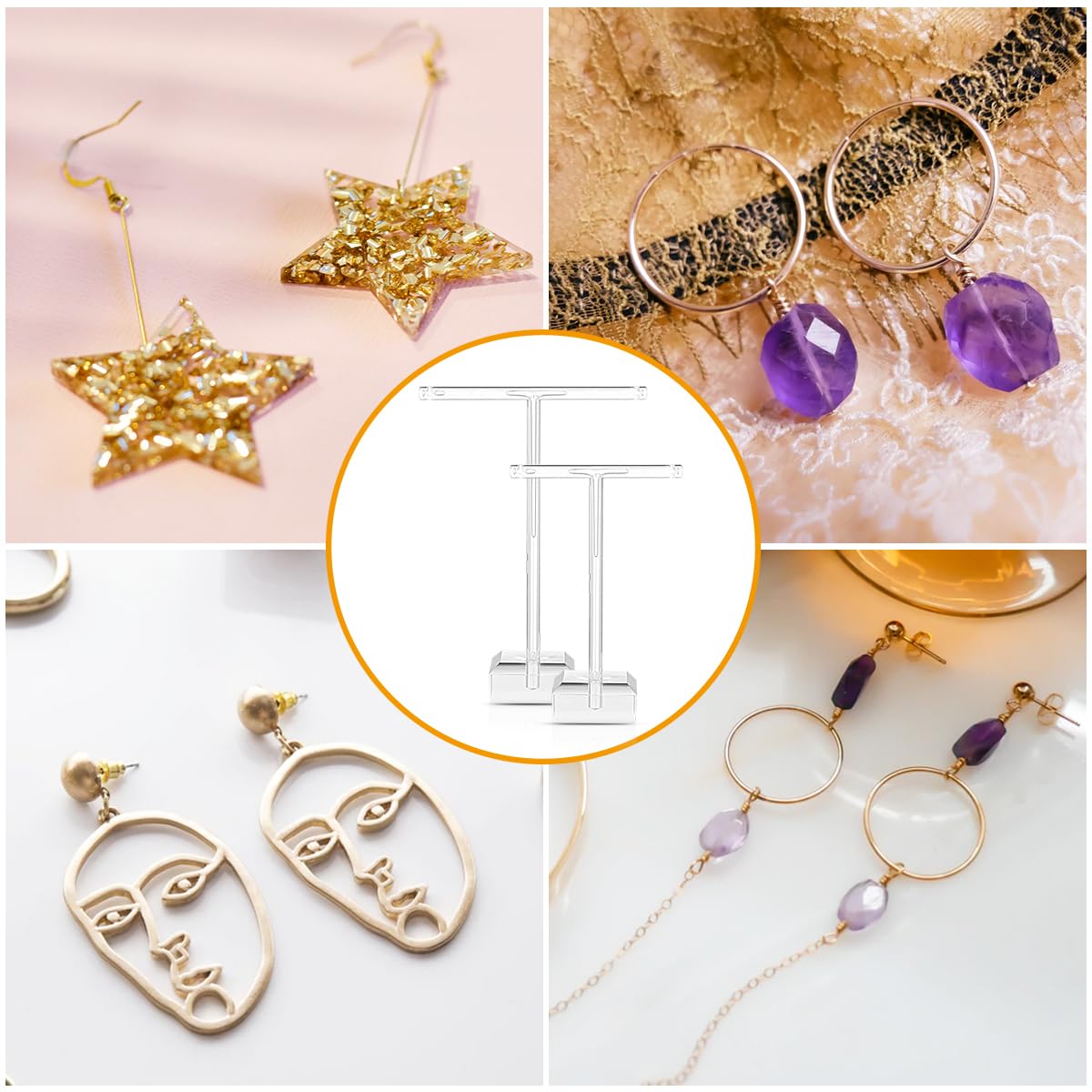 4-Piece Clear Acrylic Earring Stand - Jewelry Display Holder for T-Bar Earrings, Necklaces, Bracelets & Rings | Perfect for Boutique, Retail Store and Home Jewelry Organization