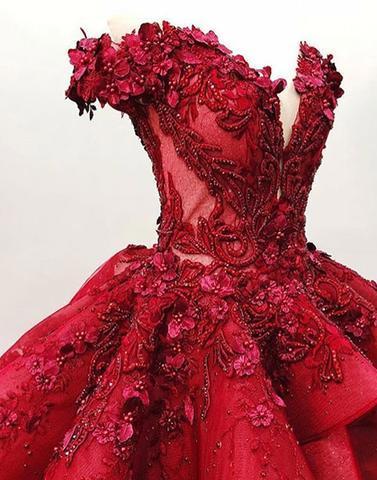 Elegant Off Shoulder Red Lace Ball Gown - Long Evening Prom Dress for Women | Custom Sweet 16 Dresses | Perfect for Formal Events, Homecoming, Quinceañera & Special Occasions