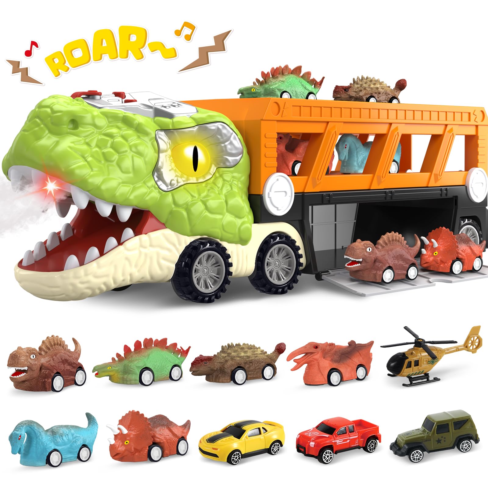 SpringFlower 11-in-1 Dinosaur Toy Truck Set with 10 Pull Back Cars - Interactive Light & Sound Dinosaur Toys for Kids Ages 3-5 - Perfect Birthday Gift for Toddler Boys - Great for Pretend Play, Outdoor Adventures & Learning About Dinosaurs
