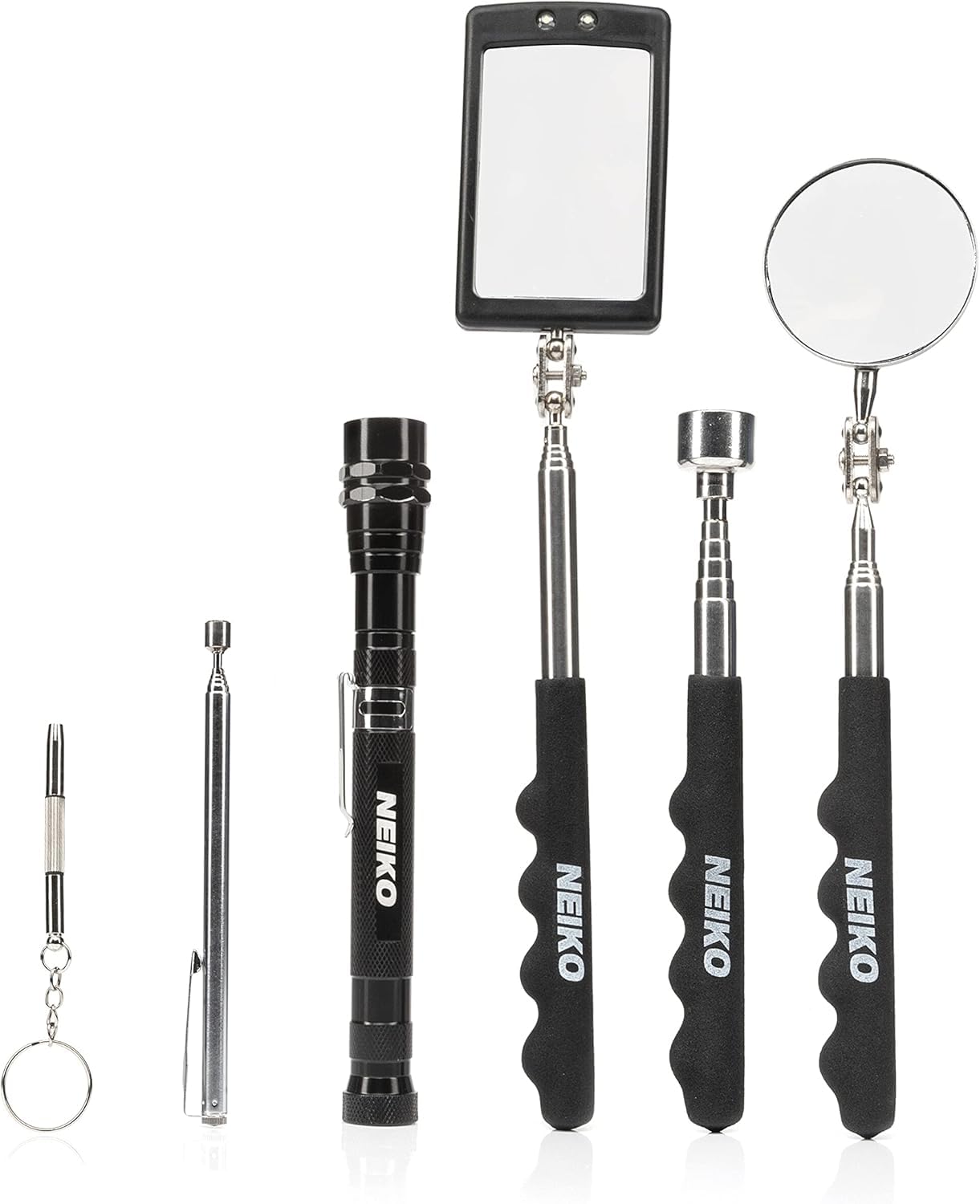 NEIKO 20736A 6-Piece Magnetic Tool Set with Telescoping Mirror, Adjustable Pickup Tool, 15lb Retriever & Flashlight | 360° Swivel Magnet Mirror for Automotive Repair, HVAC, and DIY Home Maintenance