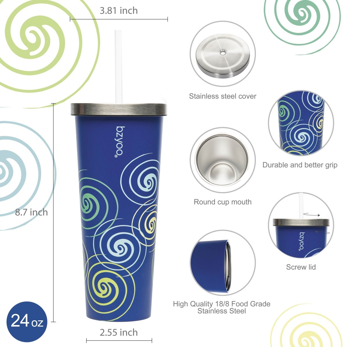 24oz Double Wall Vacuum Insulated Stainless Steel Tumbler with Straw Lid - Blue Swirl Design | Leakproof & Sweatproof | Perfect for Coffee, Iced Tea & Outdoor Activities