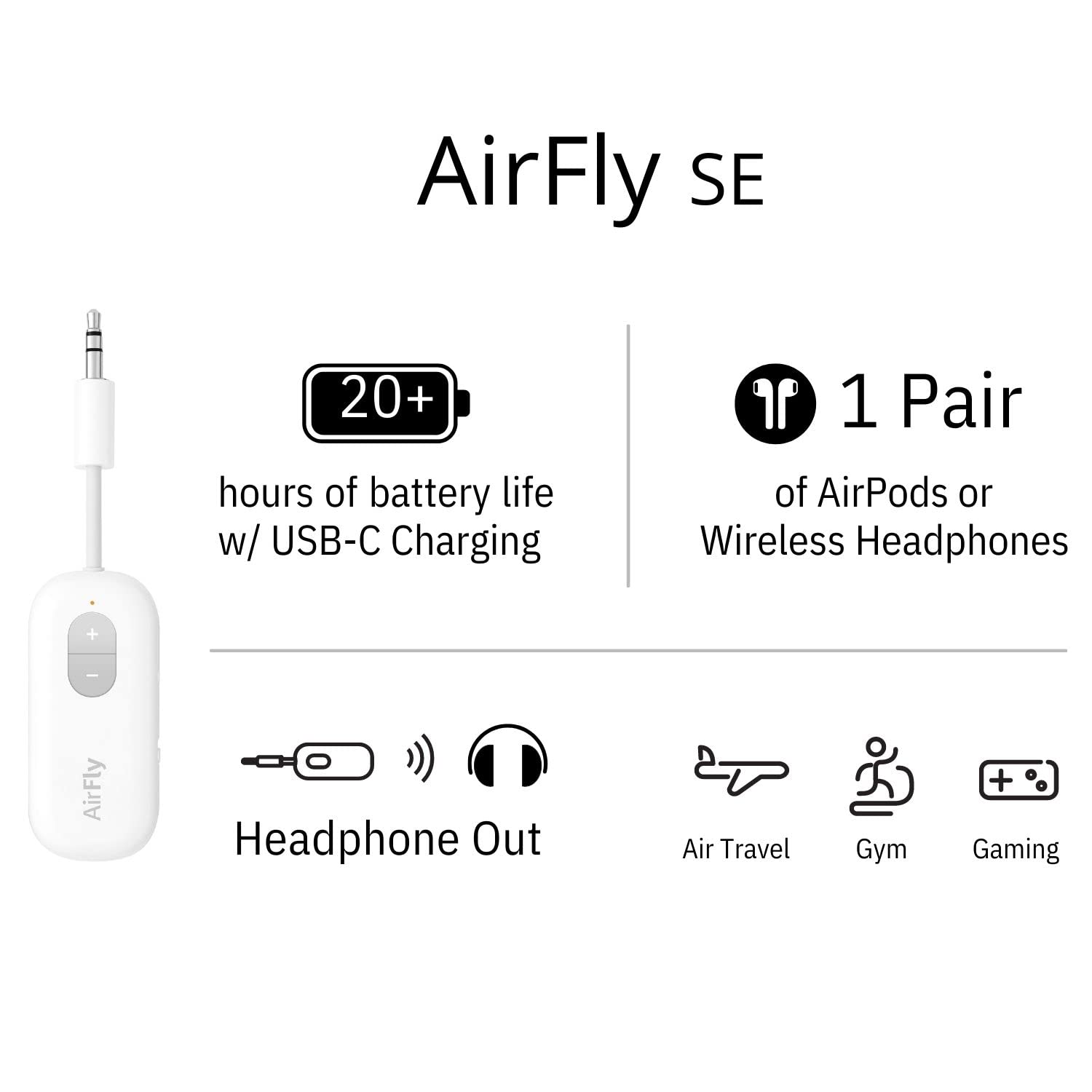 Twelve South AirFly SE | Bluetooth Wireless Transmitter & Adapter for AirPods, Wireless Headphones & Noise-Cancelling Headphones | 20+ Hour Battery Life | Perfect for Airplane Travel & Gym Workouts
