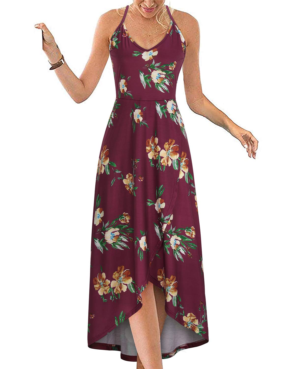 KILIG Women's V Neck Sleeveless Floral Maxi Dress - Asymmetrical Patchwork Summer Sundress for Casual Wear, Beach Vacation & Outdoor Date Night