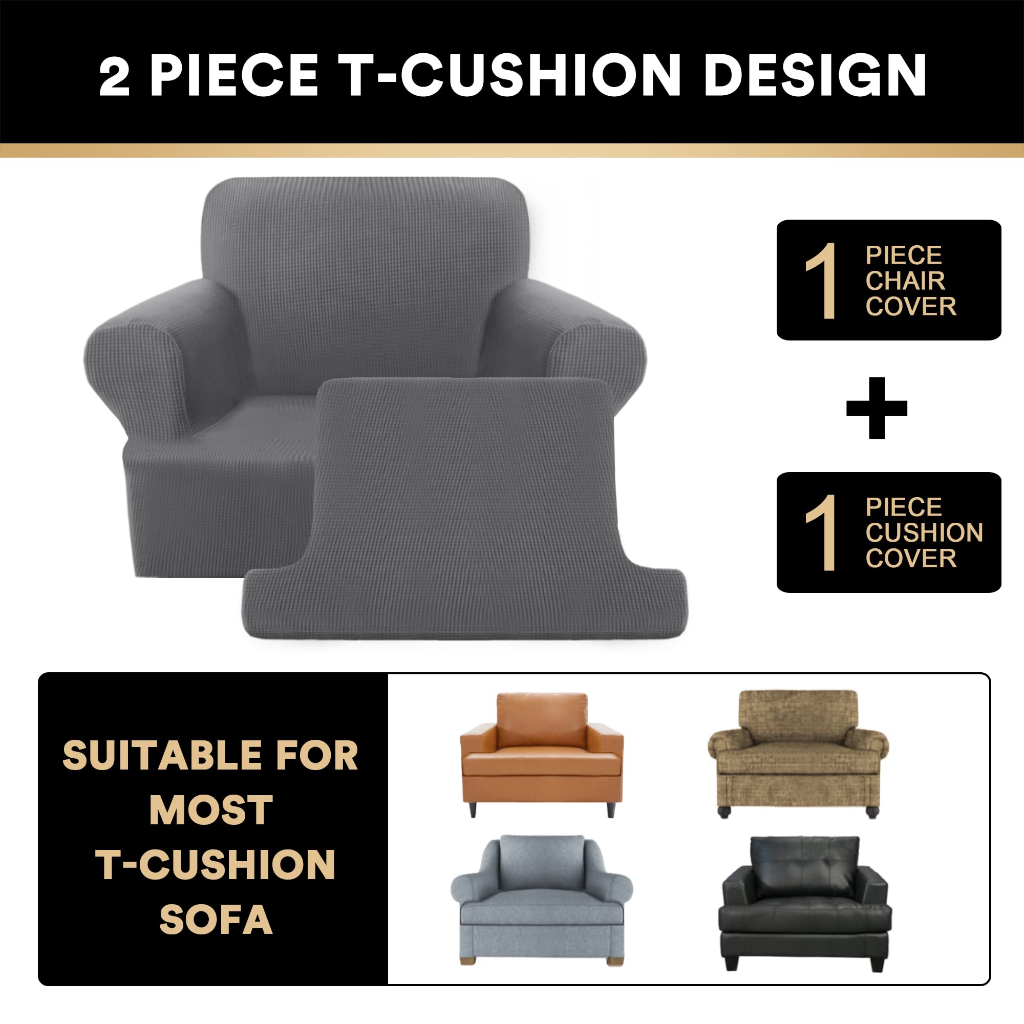 PrinceDeco 2-Piece Stretch Armchair Slipcover Set with T-Cushion Cover - Soft, Machine Washable Furniture Protector for Living Room, Gray - Perfect for Sofas, Recliners & Accent Chairs