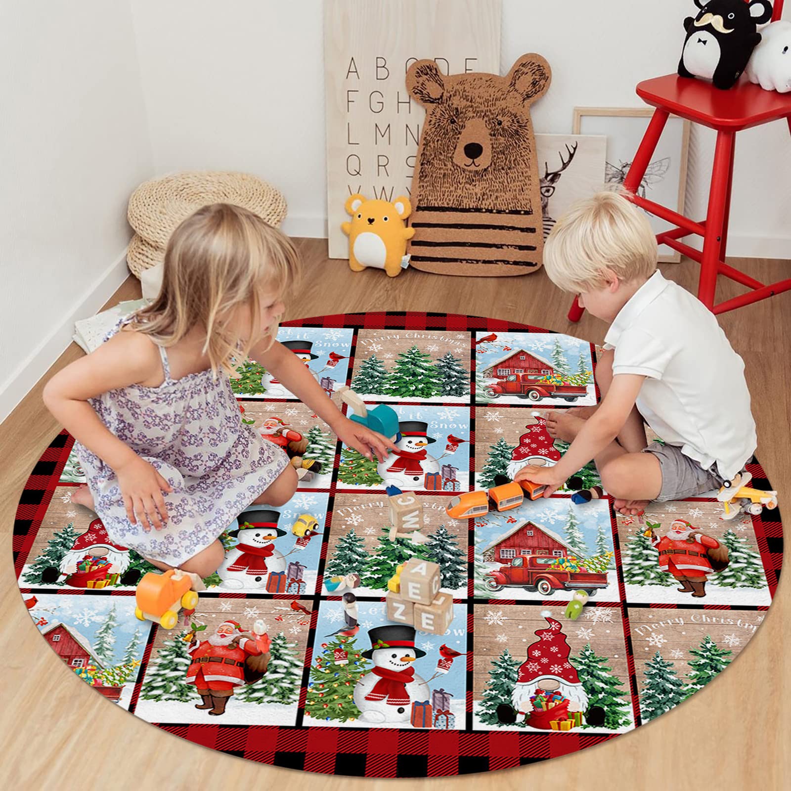 Large Round Non-Slip Christmas Plaid Area Rug - 3.3ft Washable Floor Mat for Bedroom, Living Room & Kids Room | Holiday Decor with Gnomes, Snowman & Santa Tree Design | Perfect for Winter Home Decor, Gift Giving & Cozy Seasonal Atmosphere
